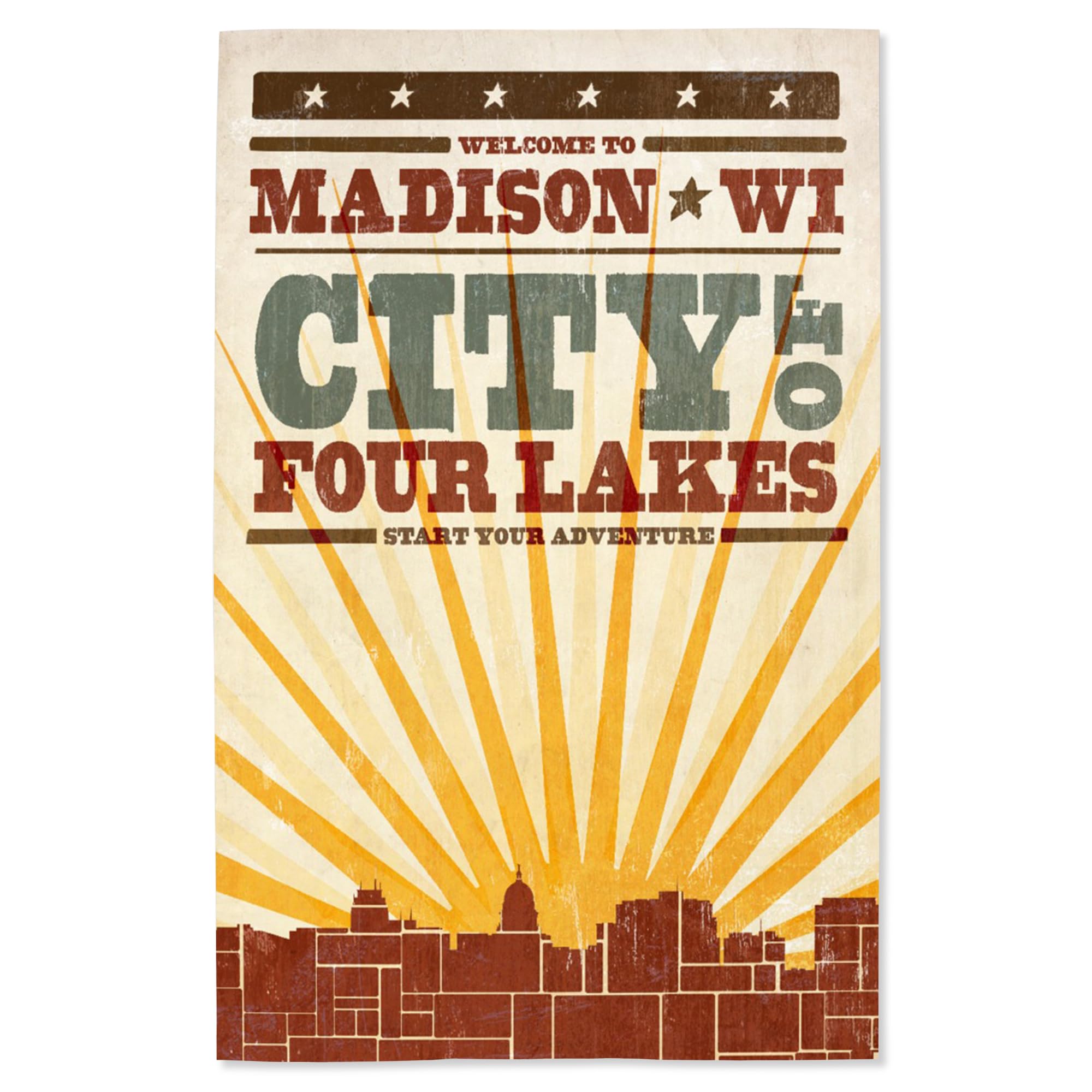 Lantern Press 16x24 Inch Giclee Print - Madison Wisconsin Skyline & Sunburst Art - Screenprint Style Wall Decor for Living Room, Bedroom or Office