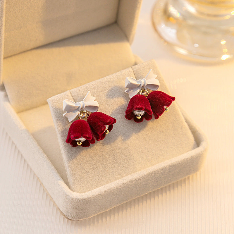 Velvet Jingle Bell Cute Bow Christmas Drop Earrings for Women - Festive Holiday Party Jewelry Gift (LM1778) | Perfect for Christmas Parties, Office Celebrations & New Year's Eve Events
