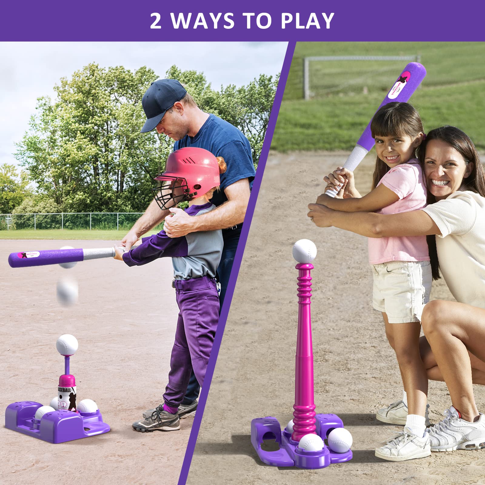 QDRAGON 2 in 1 Kids Baseball Set with Automatic Pitching Machine - Adjustable Tee Ball Stand, Bat & 6 Balls for Boys Girls Ages 3-8 | Outdoor Sports Toys for Backyard, Park & Birthday Gifts (Pink)