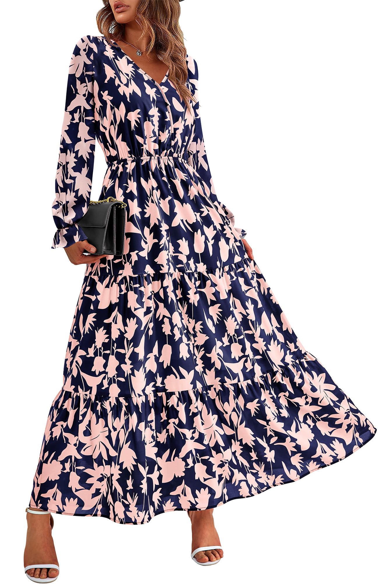 BTFBM Women's Floral Boho Maxi Dress 2025 - Long Sleeve V-Neck Casual Spring Dress for Wedding Guest, Beach Party & Vacation Outfits