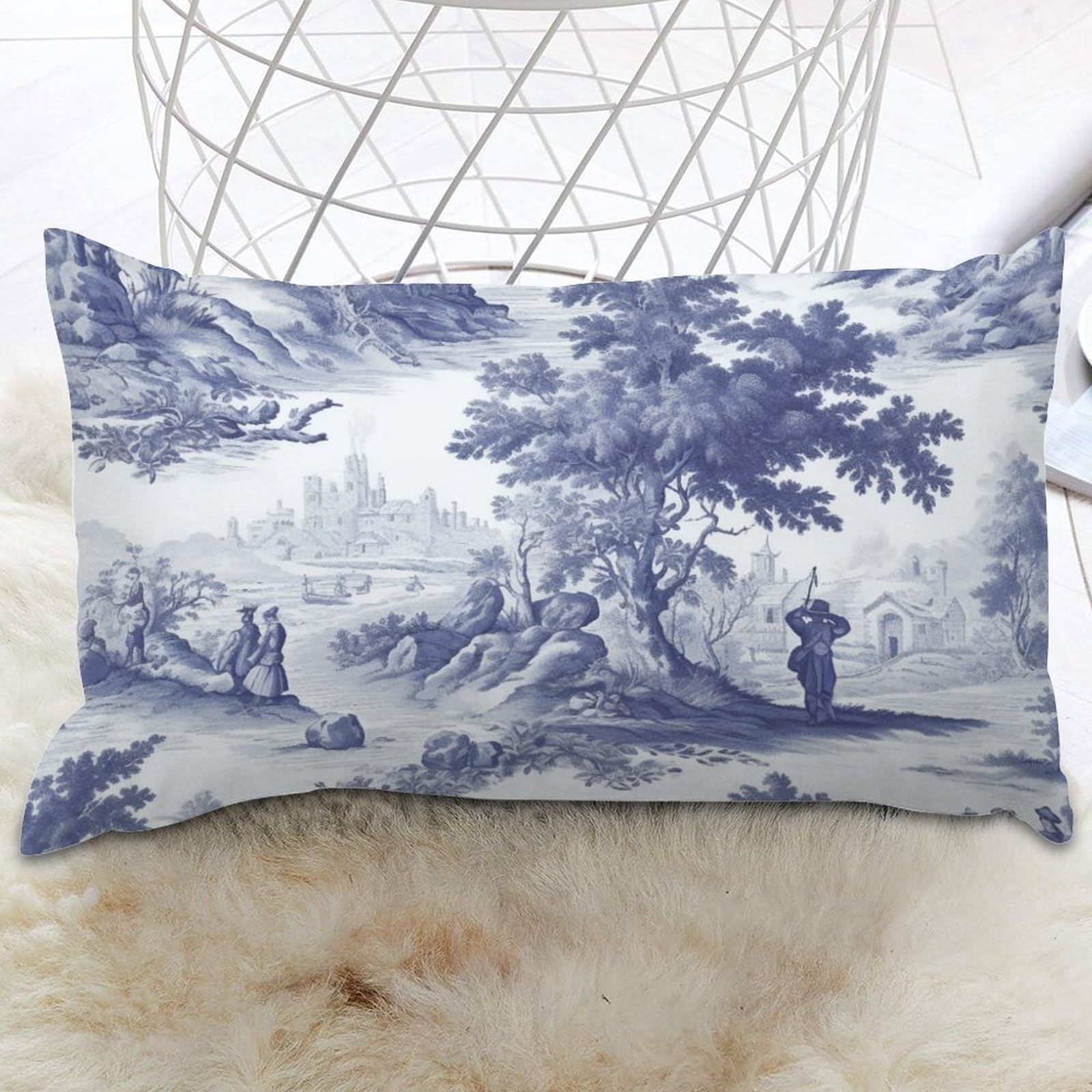 SILYHEART Decorative Toile Print Lumbar Pillow Cover - Navy White Blue French Charmed Life Design, Modern Square Cushion Cover 20x30 Inches for Sofa, Couch, Bedroom & Living Room Decor