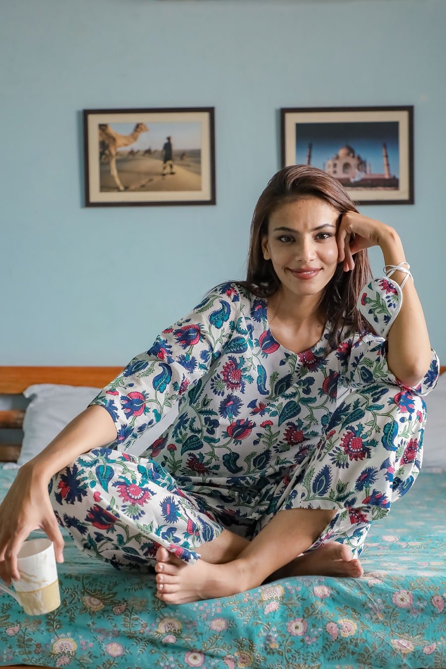 Azofree Handblock Printed Pure Cotton Night Suit for Women - 'Spring Whisper' Floral Design | Comfortable Sleepwear Set for Lounge & Bedtime