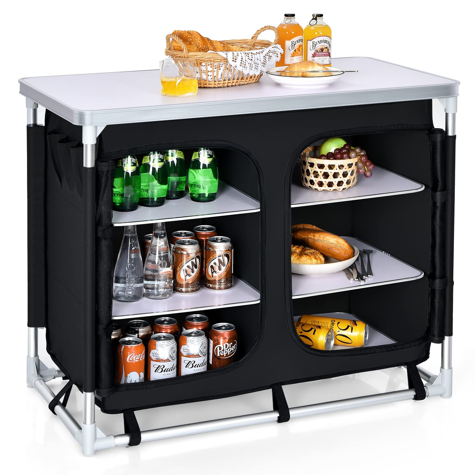 GYMAX Portable Aluminum Camping Table with 6 Zipper Storage Organizers & Carry Bag - Foldable Outdoor Kitchen Station for Camping, BBQ, Picnic, Backyard Grilling (Black) | Perfect for Outdoor Cooking, Tailgating & RV Adventures