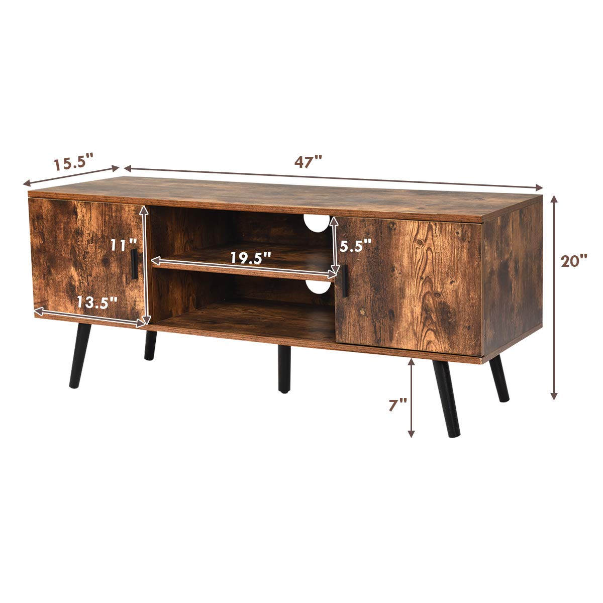 Tangkula 55 Inch TV Stand with 2 Cabinets & 2 Open Shelves - Mid Century Modern Wood Entertainment Center for Living Room, Rustic Brown - Perfect for Boho, Farmhouse & Rustic Home Decor