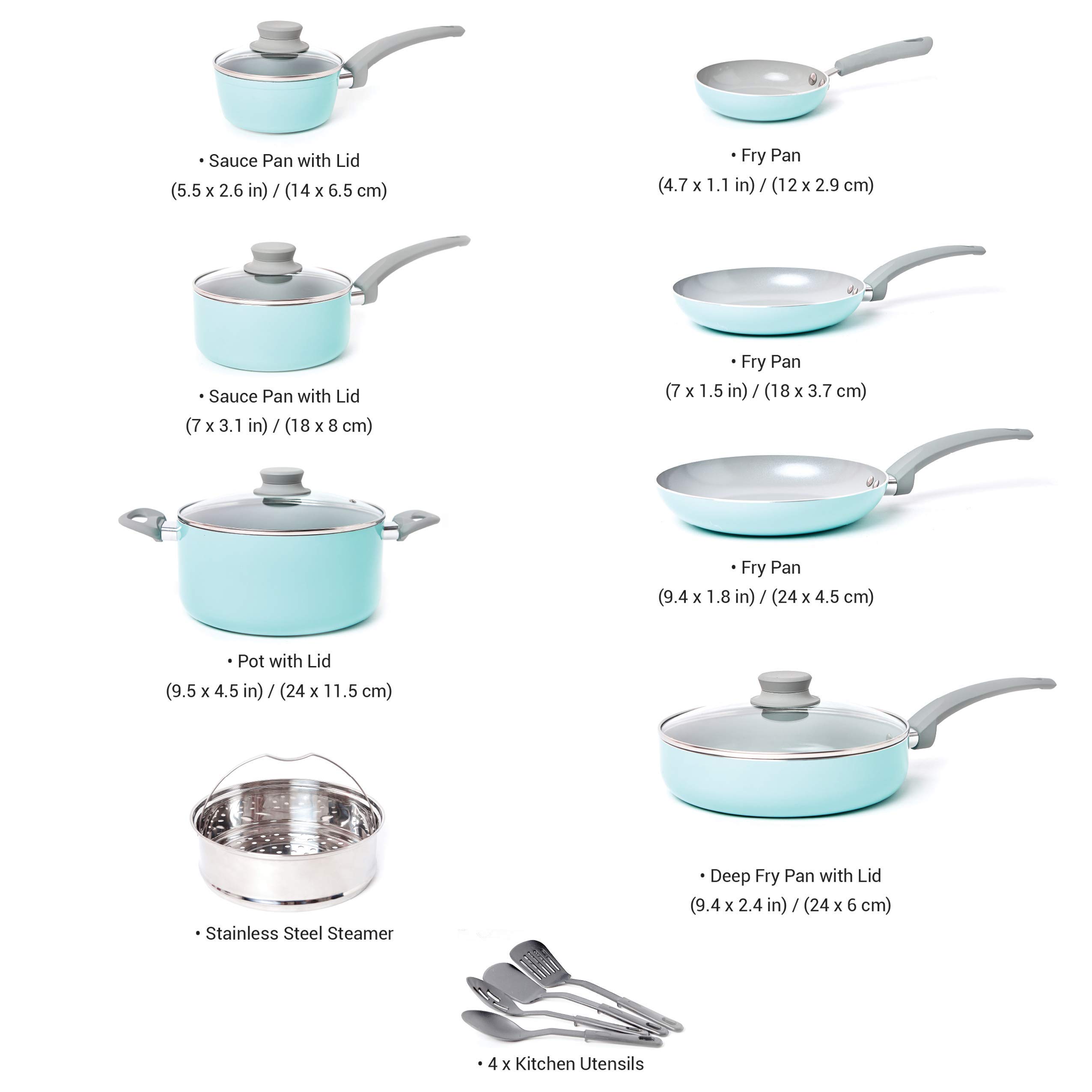 Mueller 16-Piece Non-Stick Stone Cookware Set with Steamer & Glass Lids - Turquoise | Durable Kitchen Pots & Pans for Cooking, Frying & Steaming | Perfect for Home Chefs & Family Meals