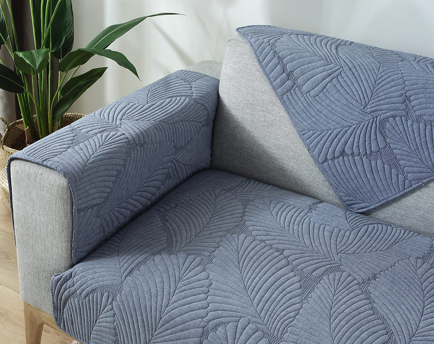VCTOPS Cotton Quilted Sectional Sofa Cover - Non-Slip Leaf Print Furniture Protector for Couches (Dark Blue, 28