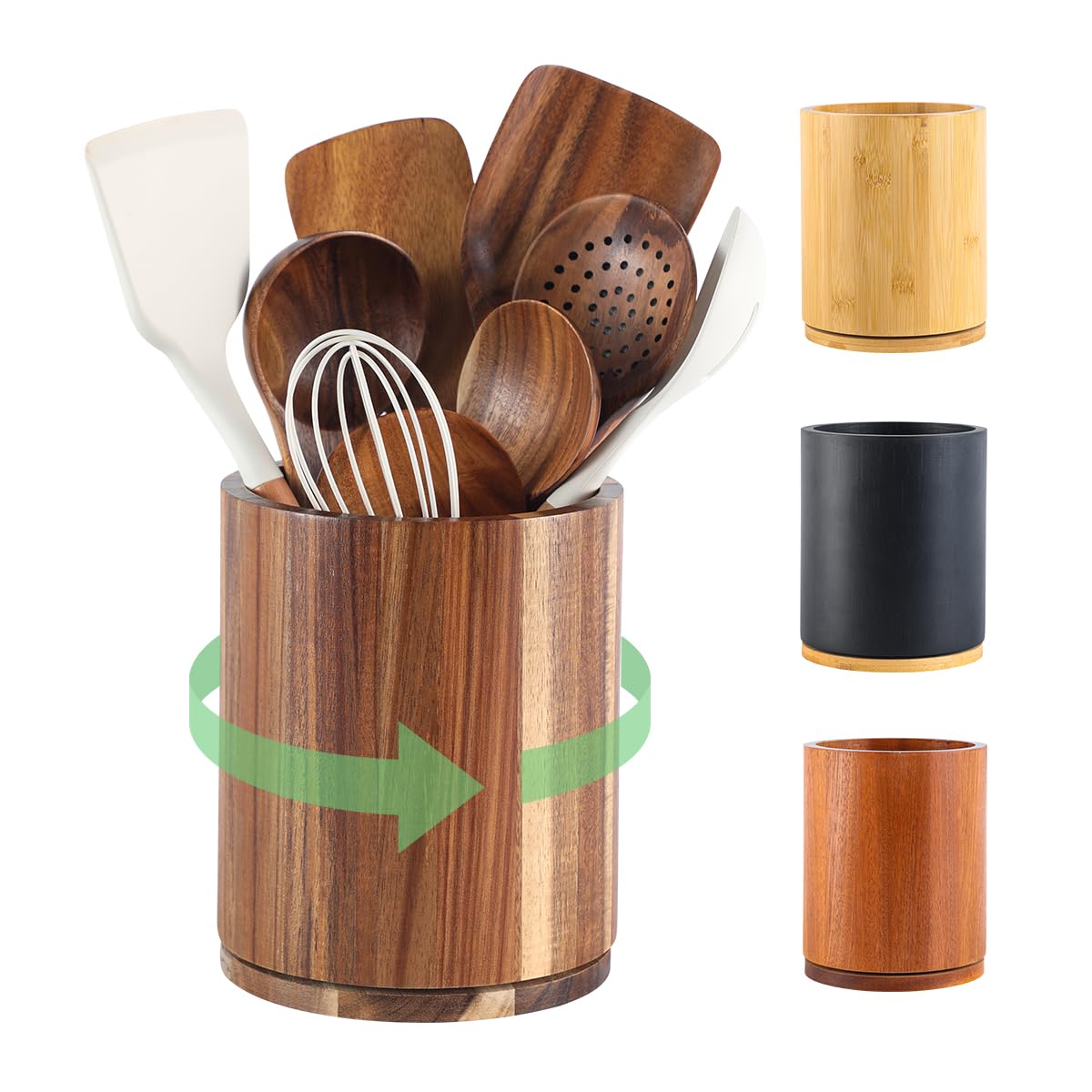 360° Rotating Acacia Wood Utensil Holder - 7.3