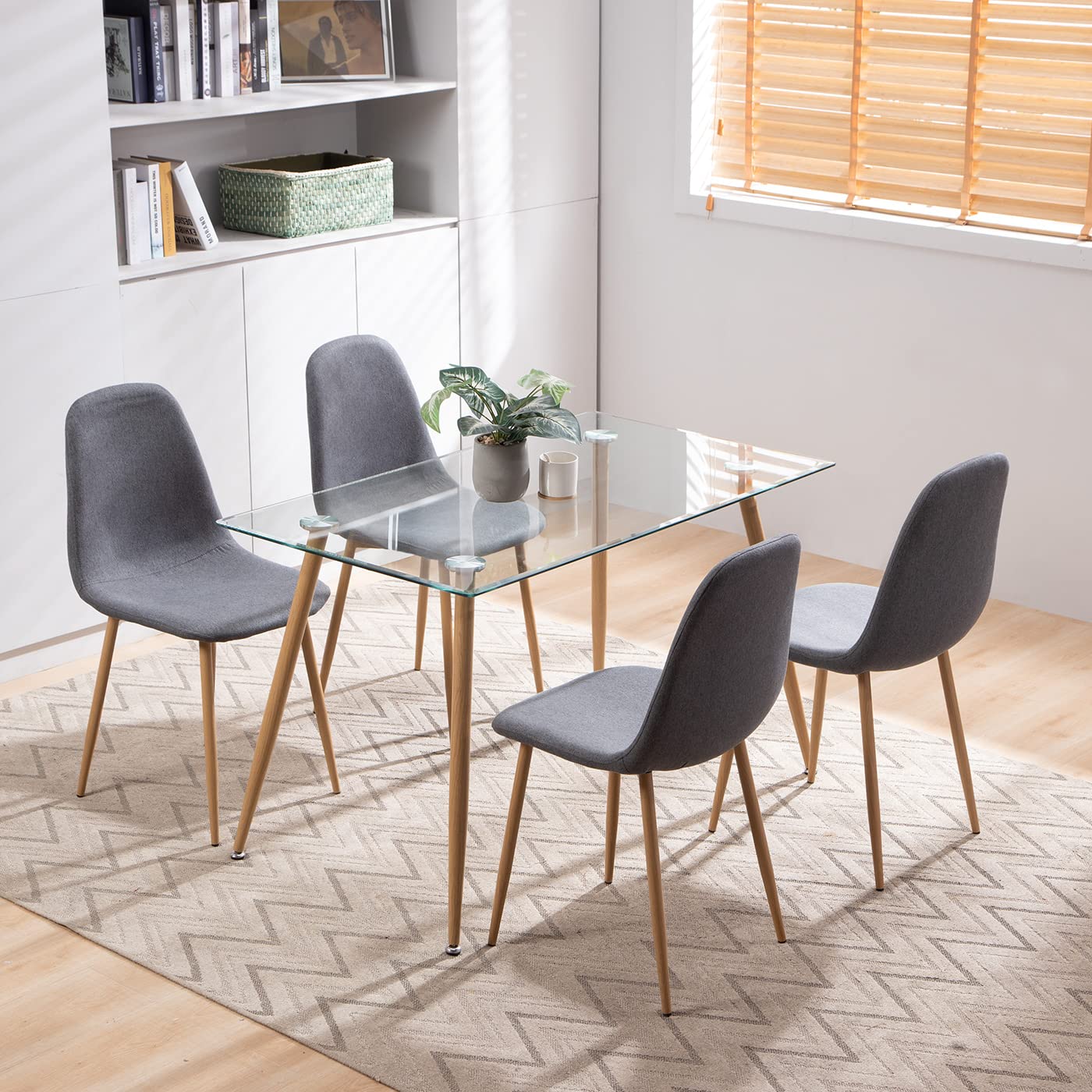 Modern 5-Piece Dining Table Set for 4 - Mid Century Rectangle Tempered Glass Kitchen Table with 4 Deep Grey Fabric Chairs & Metal Legs - Perfect for Small Spaces, Apartments, and Contemporary Dining Rooms