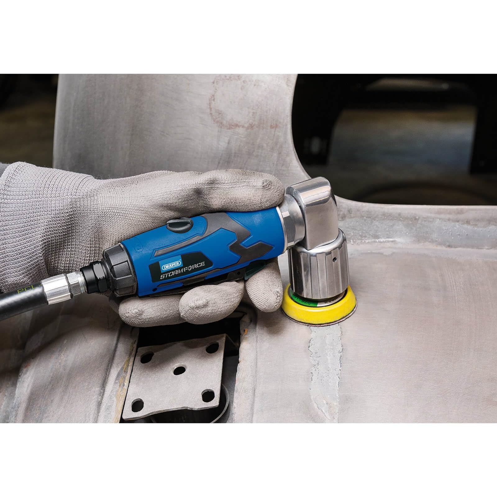 Draper 65059 Storm Force 50mm Mini Air Sander - Compact Pneumatic Sander Tool for Woodworking, Metal Polishing & Auto Body Repair | Blue Power Tool for DIY & Professional Use