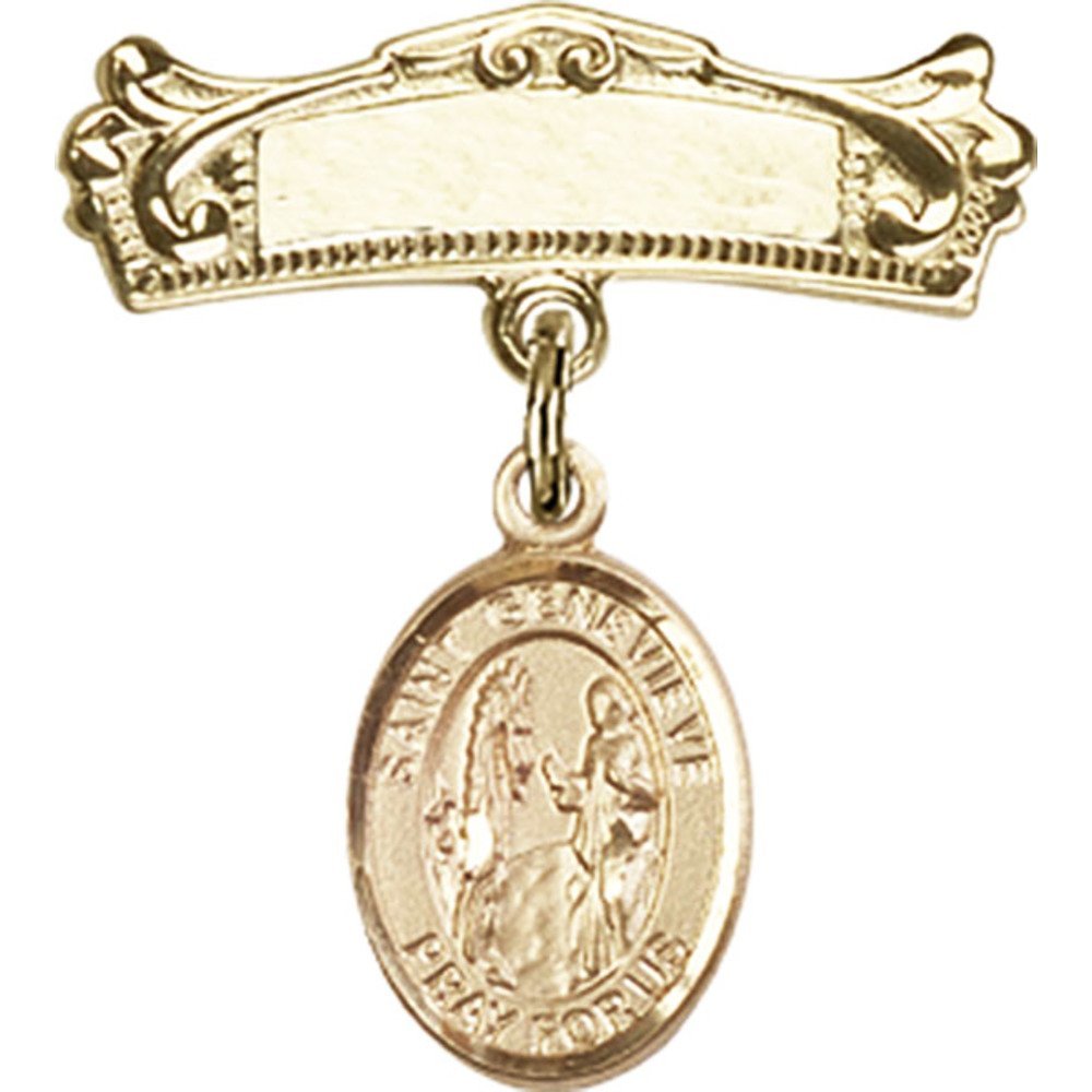 Gold Filled Baby Badge with St. Genevieve Charm - 7/8 X 3/4 Inch Arched Polished Pin for Christening, Baptism & Baby Shower Gifts | Religious Keepsake for Newborns