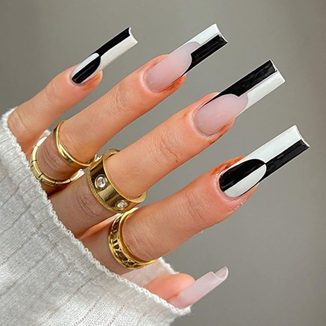 Black and White Geometric Line Art Press On Nails - Extra Long Coffin Ballerina Fake Nails with Glossy Finish - 24Pcs Full Cover Acrylic False Nails for Women & Girls (Style C) - Perfect for Parties, Weddings, and Special Occasions