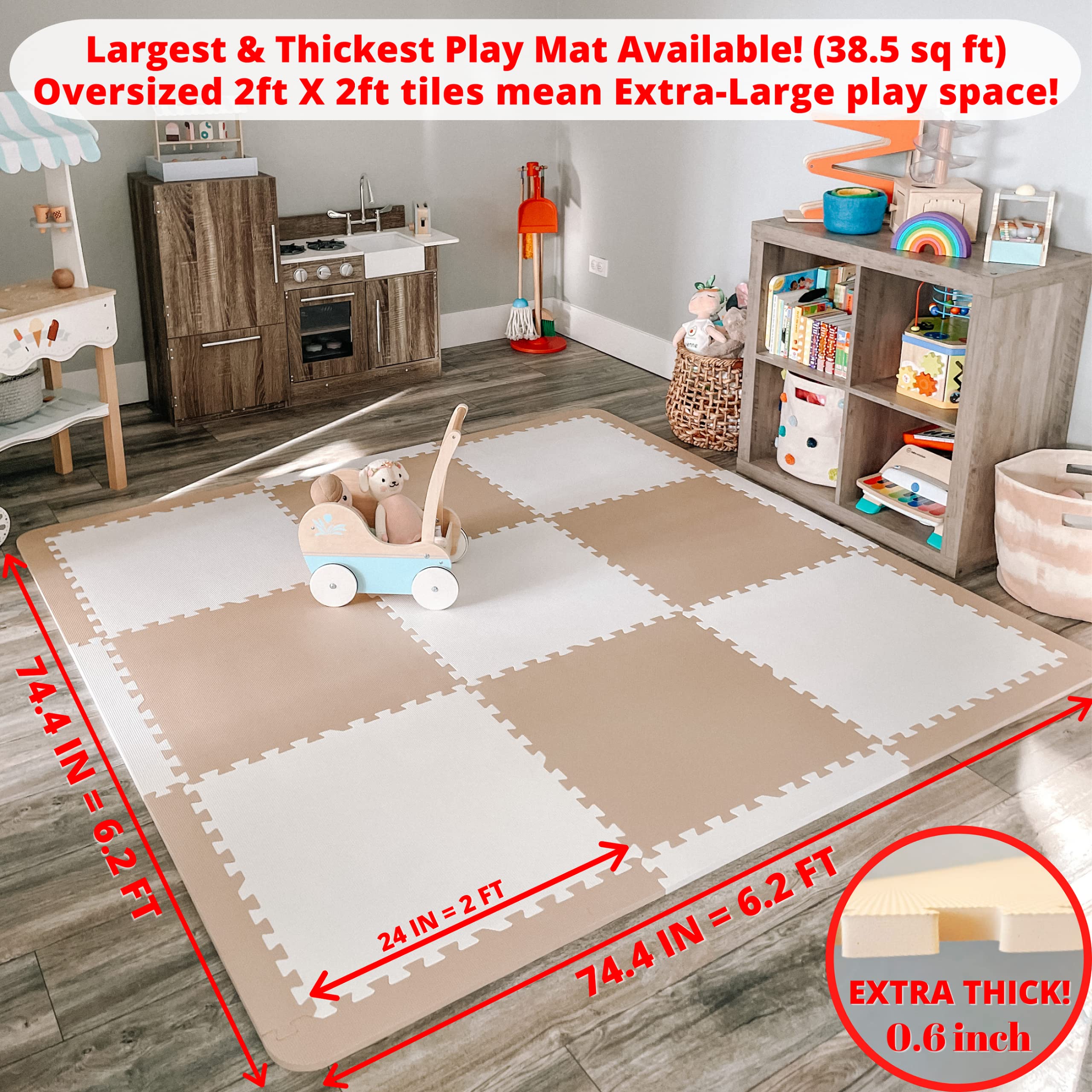 **Extra Large Baby Play Mat - 74x74 Inches Non-Toxic Foam Floor Tiles for Infants & Toddlers | Thick Interlocking Puzzle Playmat for Crawling, Tummy Time & Learning Activities (Beige/White) - Perfect for Nursery, Daycare & Playroom**