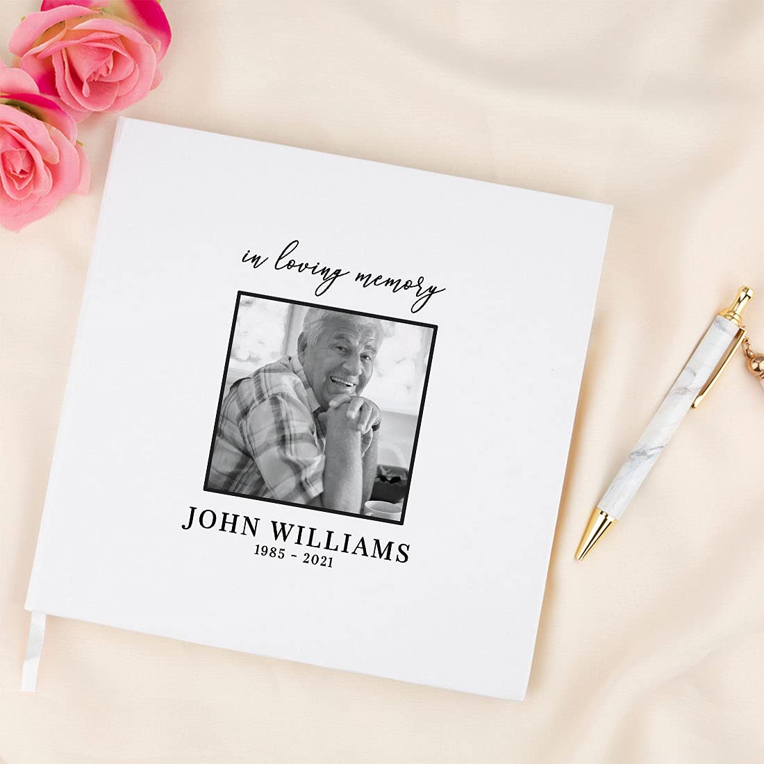 Personalized Memorial Guest Book with Gold Accents - Custom Photo White Guest Sign-in Registry, 120 Pages 8.5
