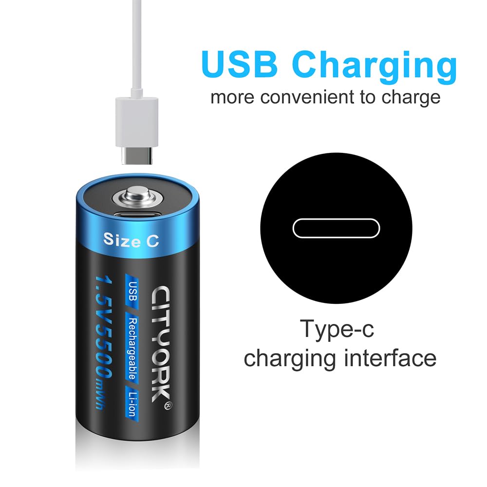 4 Pack USB-C Rechargeable C Cell Lithium Batteries - 5500mWh High Capacity, 1.5V Constant Output, Fast Charging with Included 4-in-1 Type-C Cable - Perfect for Flashlights, Toys, Medical Devices & Emergency Kits
