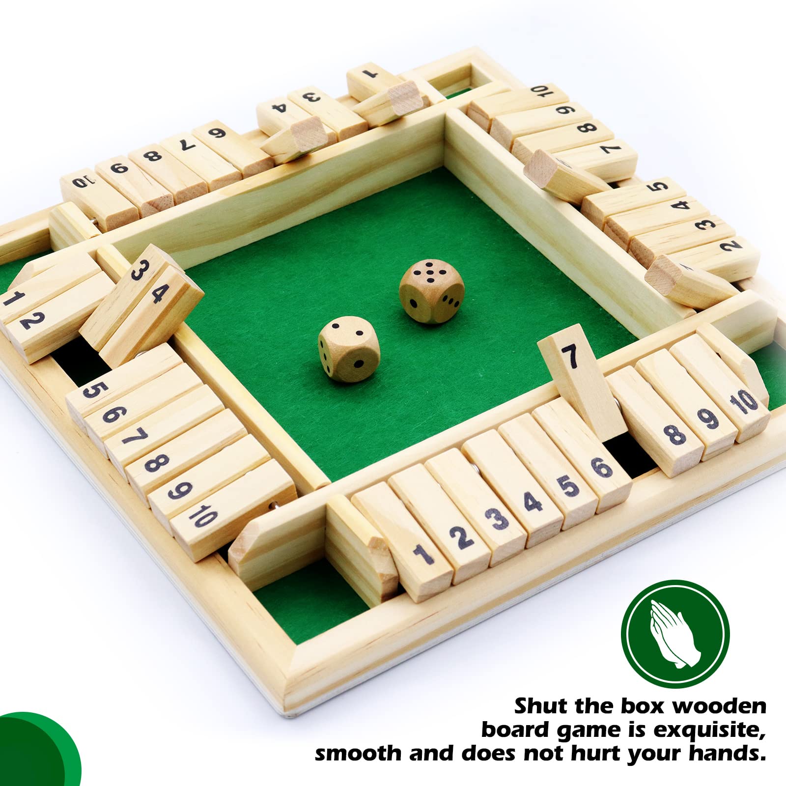 Shut The Box Wooden Board Game with 10 Dice - Classic 4-Sided Family Math Game for 2-4 Players (Kids & Adults) - Perfect for Family Game Nights, Math Learning & Party Entertainment