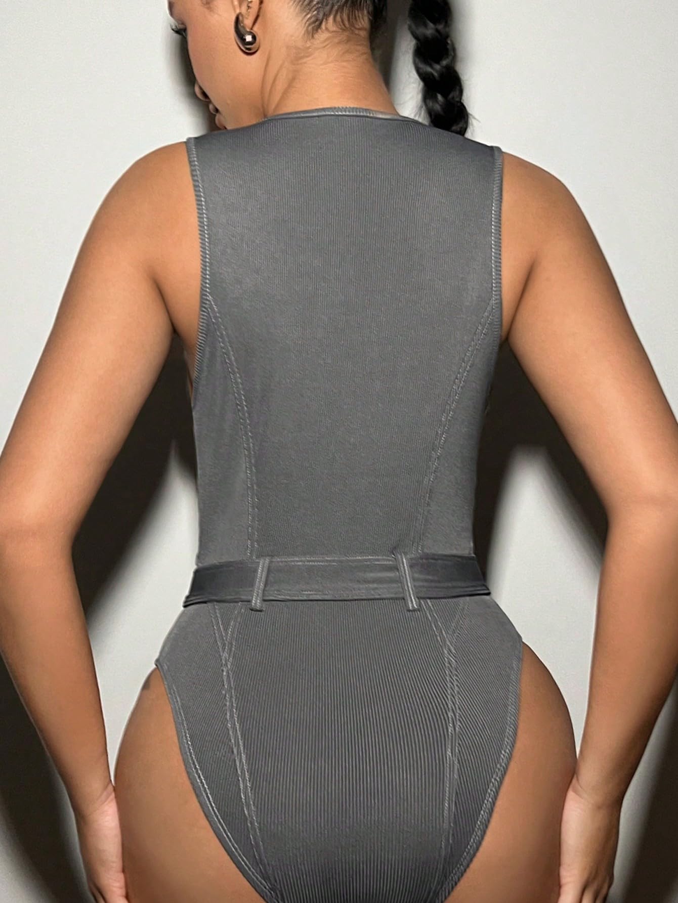 OYOANGLE Women's Sleeveless Deep V Neck Belted Tank Bodysuit - Slim Fit Solid Plain One Piece for Casual Wear, Layering & Night Out