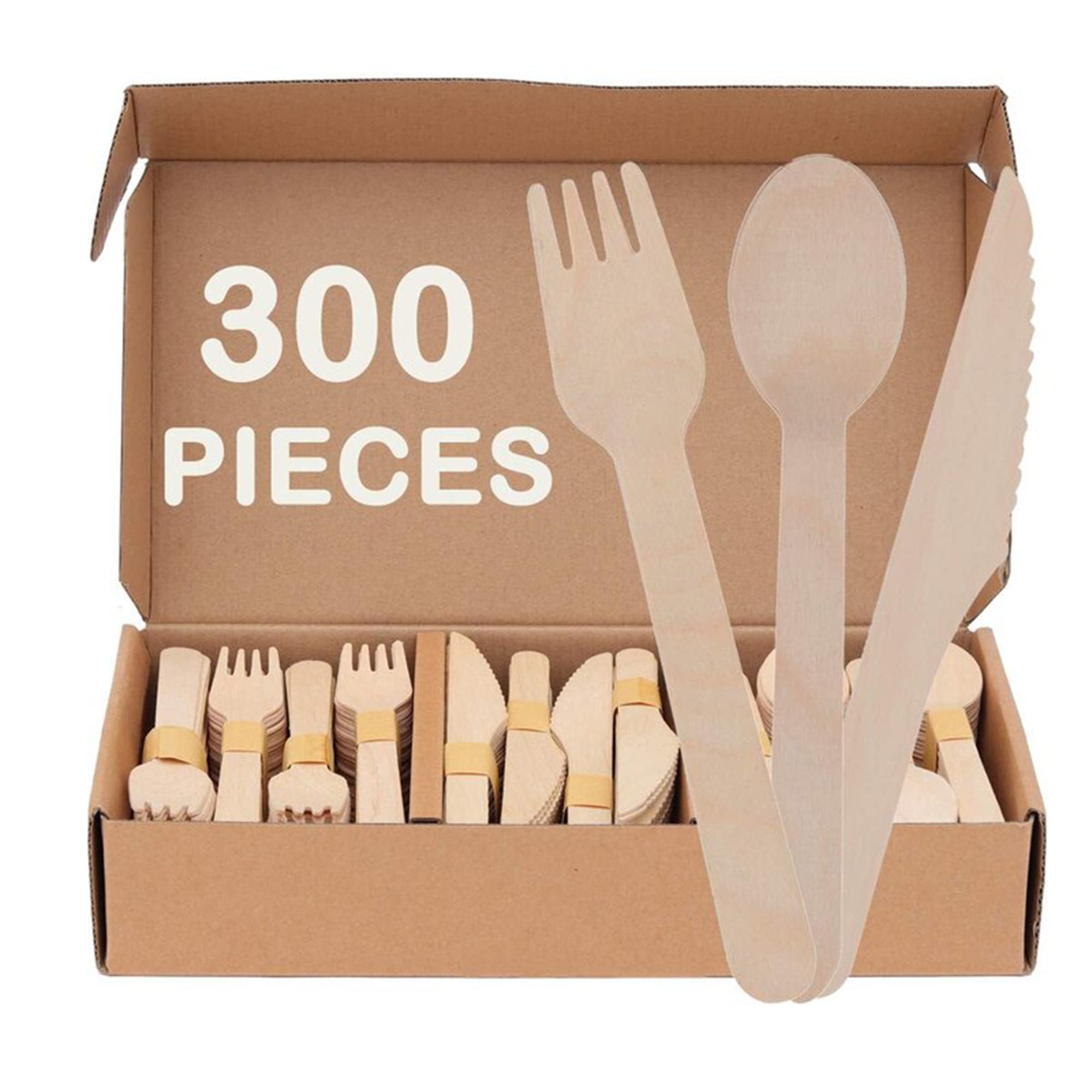 300-Piece Eco-Friendly Wooden Cutlery Set - 100 Forks, 100 Knives & 100 Spoons | Biodegradable Disposable Utensils for Parties, Picnics & Catering Events | Perfect for 100 Guests