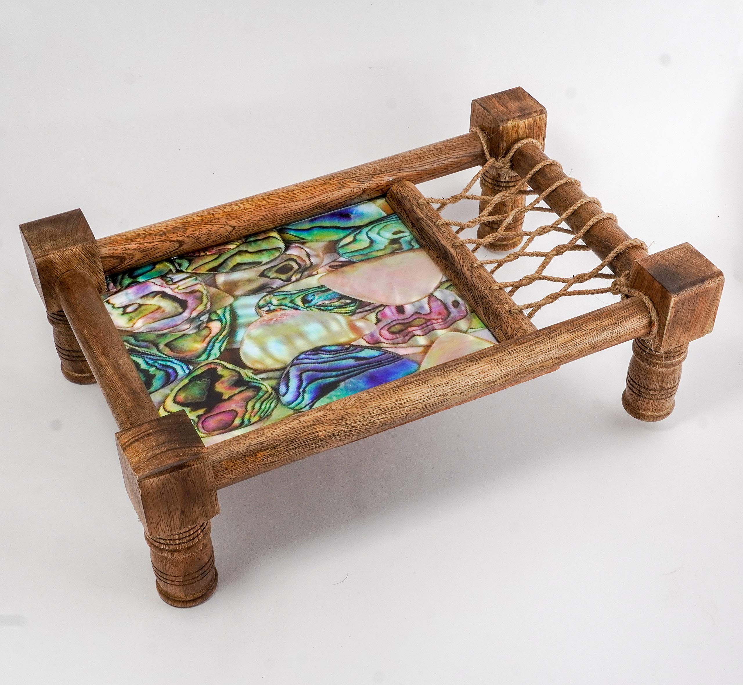 Handmade Wooden Decorative Tray for Bed - Traditional Indian Style Snack & Drink Serving Tray with Jute Weaving - 16