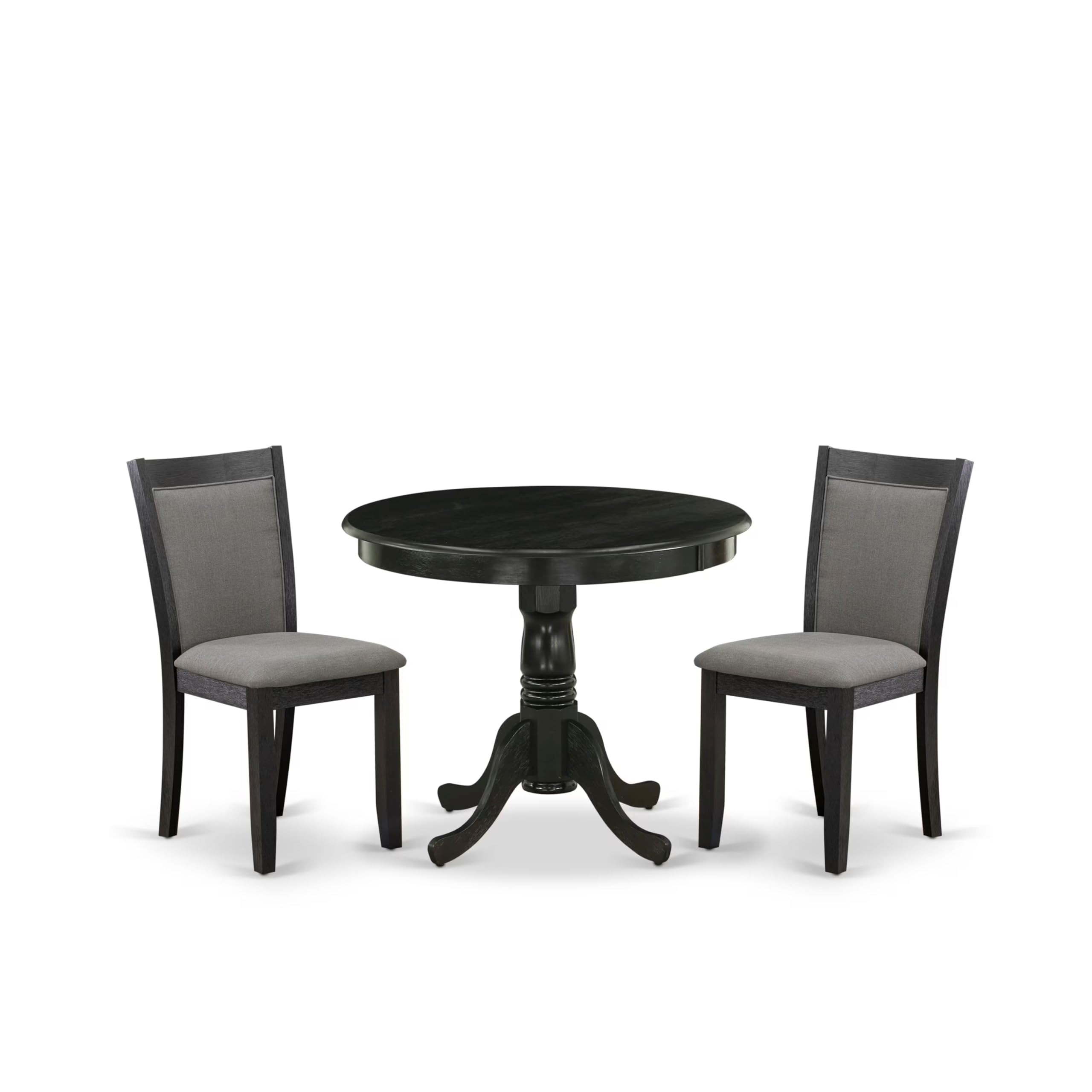 East West Furniture ANMZ3-AB6-50 3-Piece Round Dining Table Set with Pedestal Base & 2 Dark Gotham Grey Upholstered Chairs, 36x36 Inch, Wirebrushed Black - Perfect for Small Kitchen, Breakfast Nook, or Apartment Dining Space