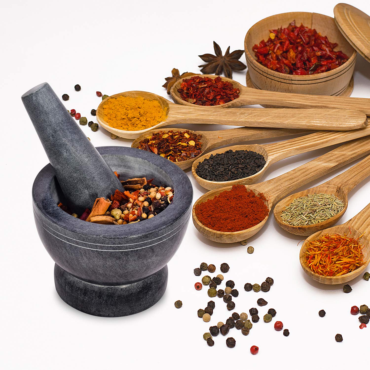 Premium Heavy Duty Mortar and Pestle Set - Polished Natural Stone Spice Grinder for Herbs, Seasonings, Pastes & More (Grey with Rings) - Perfect for Kitchen, Cooking, Ayurveda & Herbal Medicine Preparation