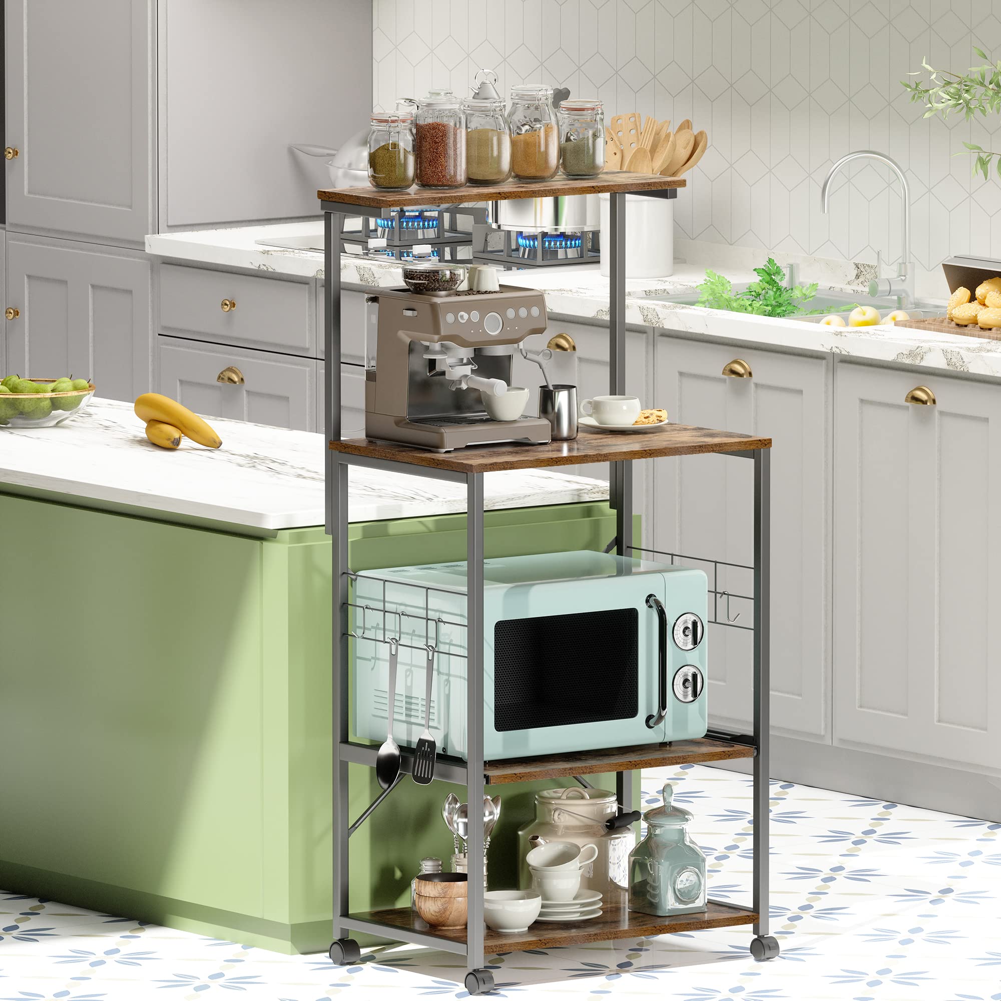 Bestier Kitchen Bakers Rack with Microwave Stand - 3-Tier Rolling Utility Cart with 10 Hooks & Adjustable Feet - Space-Saving Storage Shelf for Small Kitchens, Pantry Organization & Baking Supplies Storage