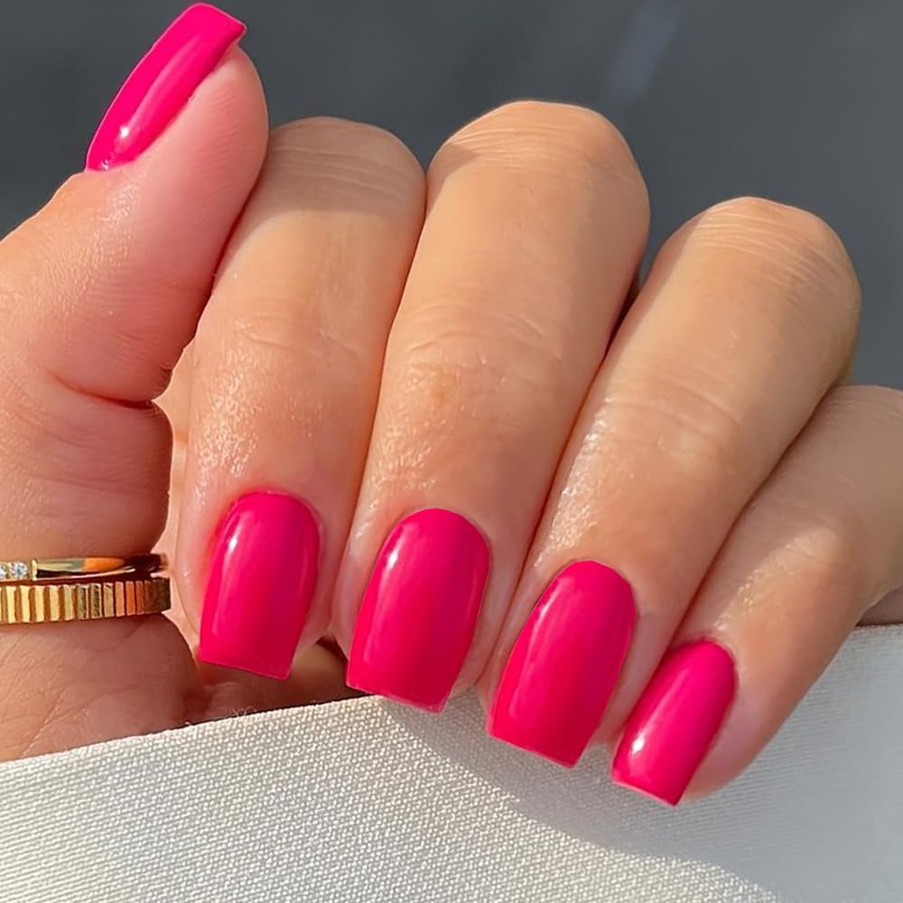 Glamermaid Short Press on Nails - Handmade Hot Pink Fake Nails with Medium Square Shape & UV Jelly Finish | Reusable Acrylic False Nail Kit with Glue for Women | Perfect for Parties, Weddings & Everyday Wear
