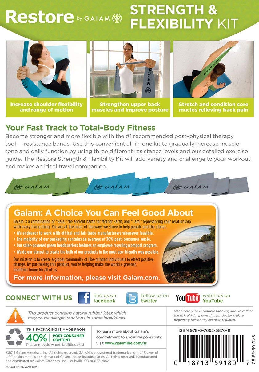 Gaiam Resistance Bands Set - 3 Levels (Light/Medium/Heavy) for Strength Training, Flexibility & Muscle Stretching - Workout Bands for Home Gym, Yoga, Pilates & Physical Therapy - Portable Exercise Equipment for Men & Women