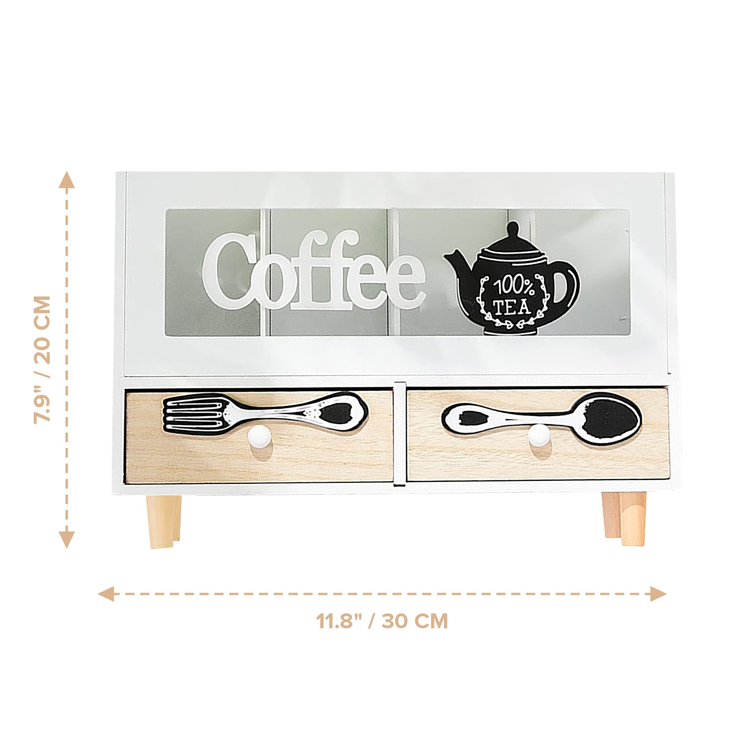 White Wooden Coffee Station Organizer with 2 Drawers - 11.8