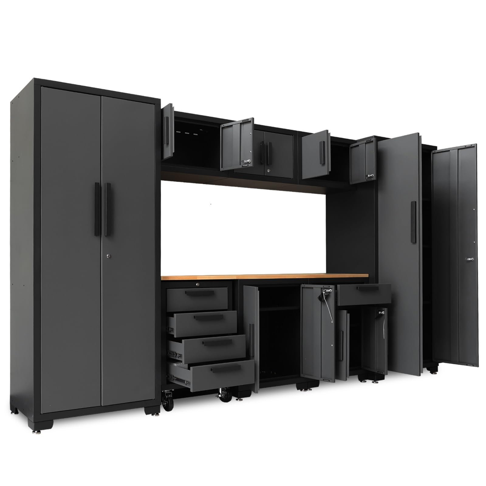 9-Piece TCE Heavy Duty Metal Storage System with Steel Drawers & Rolling Chest - Black/Grey Workshop Organizer for Garage Tools & Equipment | Ideal for Home Garage, Auto Repair Shops & DIY Projects