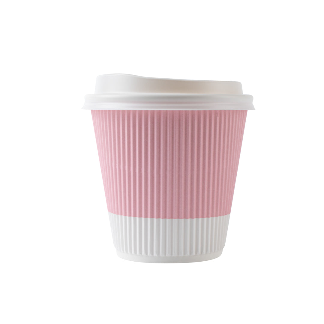 8 oz Light Pink Ripple Wall Coffee Cups with White Lids - 3.5