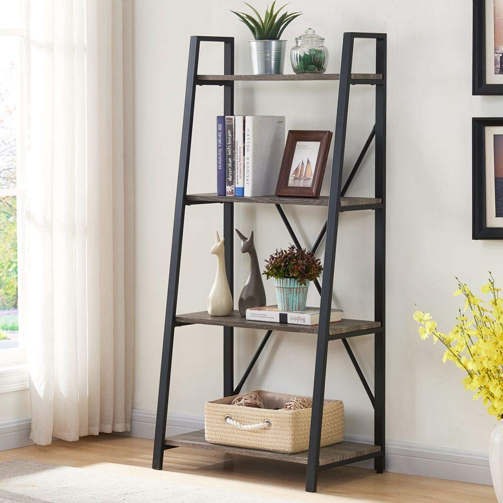 BON AUGURE 4-Tier Rustic Ladder Bookshelf - Industrial Style Leaning Bookcase for Living Room, Bedroom, Office - Dark Gray Oak Wooden Shelf for Books, Plants & Decor