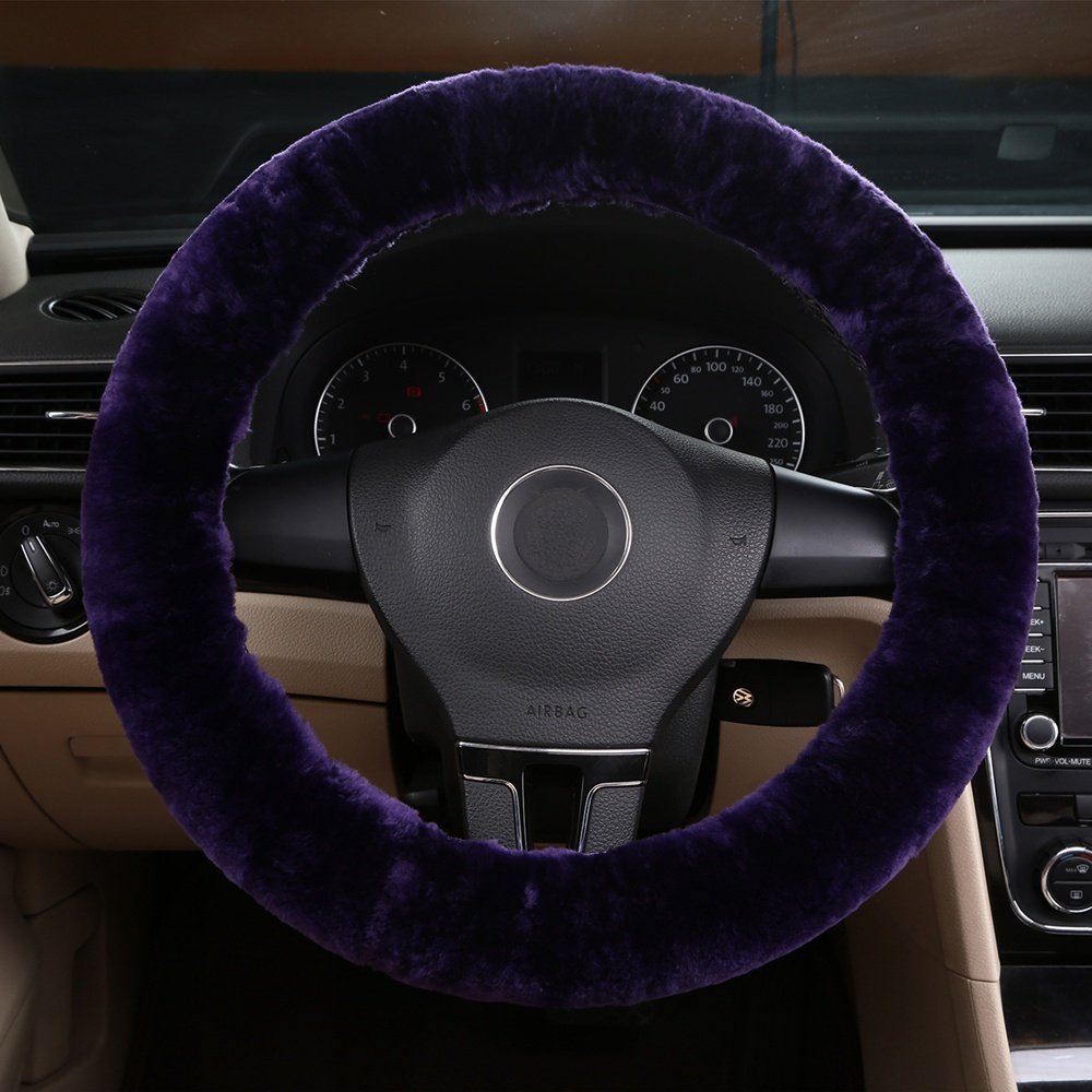 Dotesy 3-Piece Genuine Sheepskin Steering Wheel Cover Set with Gear Shift & Handbrake Cover - Universal 15 Inch Furry Car Protector - Pure Australian Wool (Purple) - Perfect for Winter Driving & Luxury Car Interior Upgrade