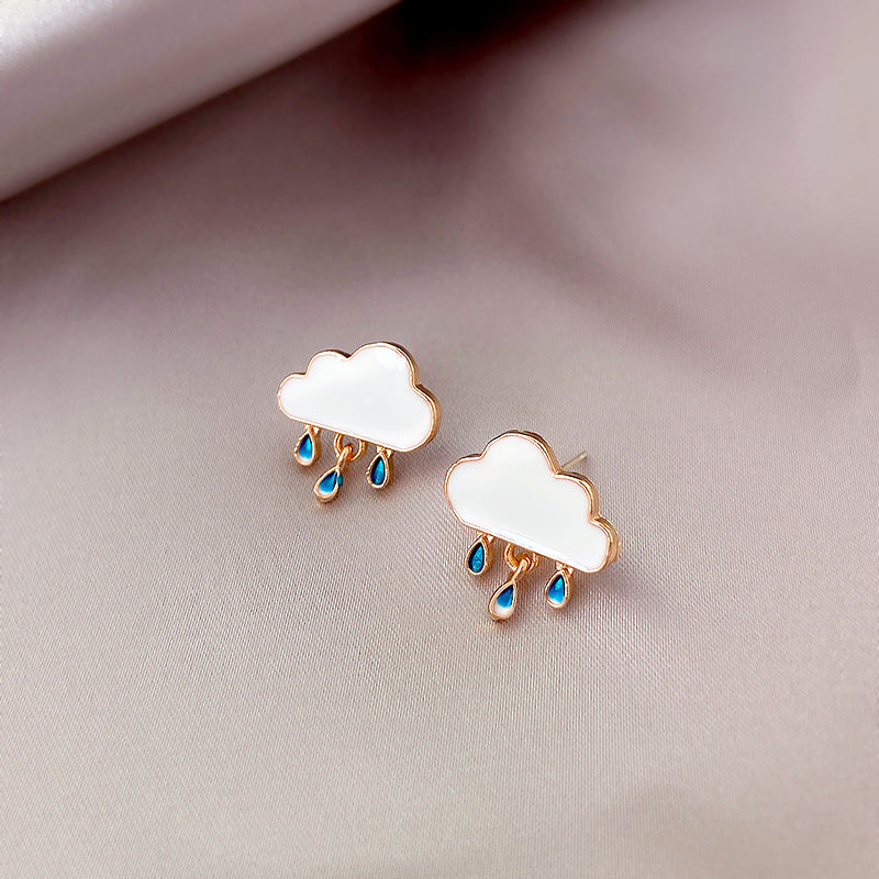 Tiny Cloud Raindrop Stud Earrings | Sterling Silver Minimalist Jewelry | HE3748 | Perfect for Everyday Wear & Gift Giving