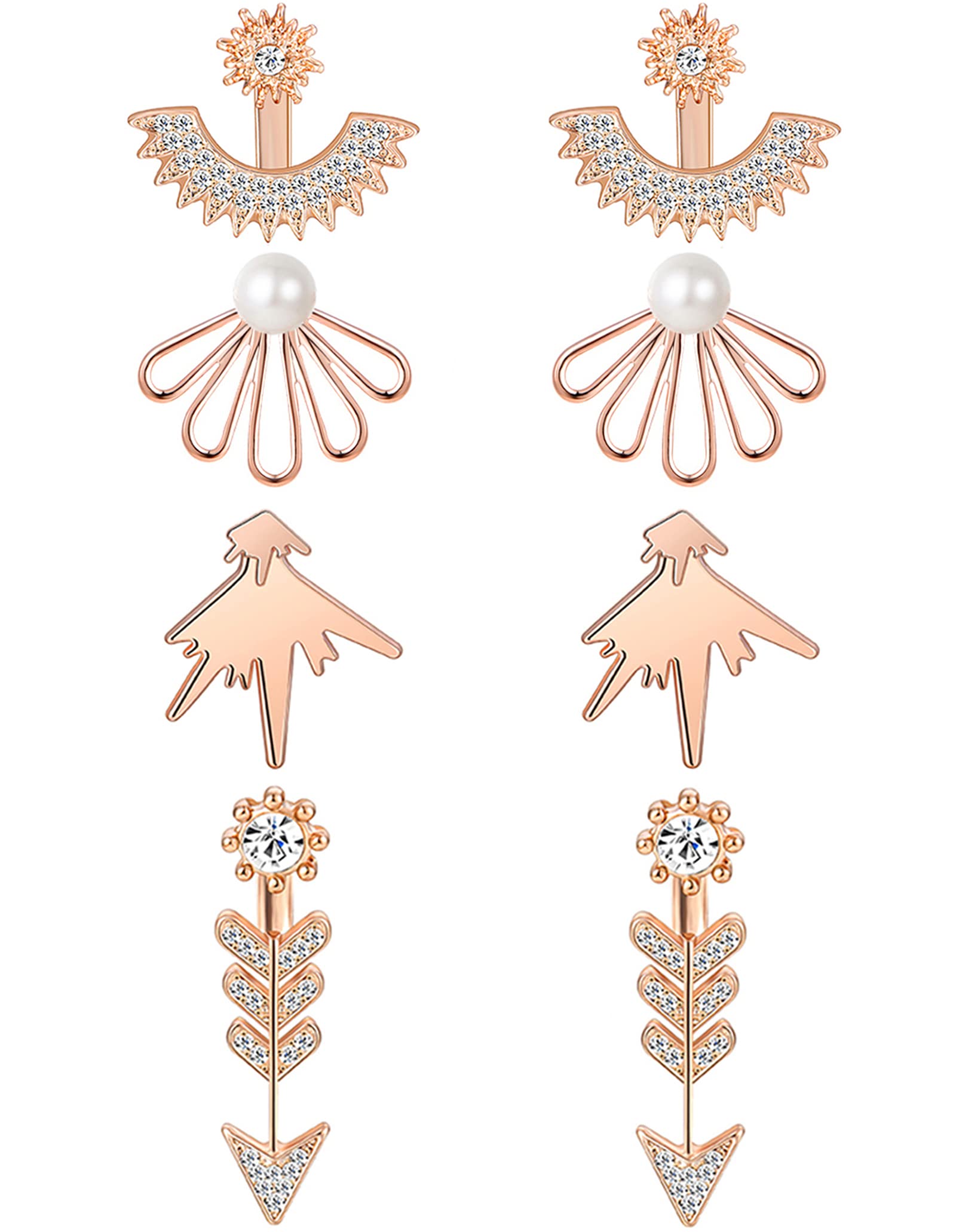 4 Pairs Lotus Flower Ear Jackets - Simple Chic CZ Stud Earrings Set for Women in Silver & Rose Gold Tone | Perfect for Parties, Weddings & Everyday Wear