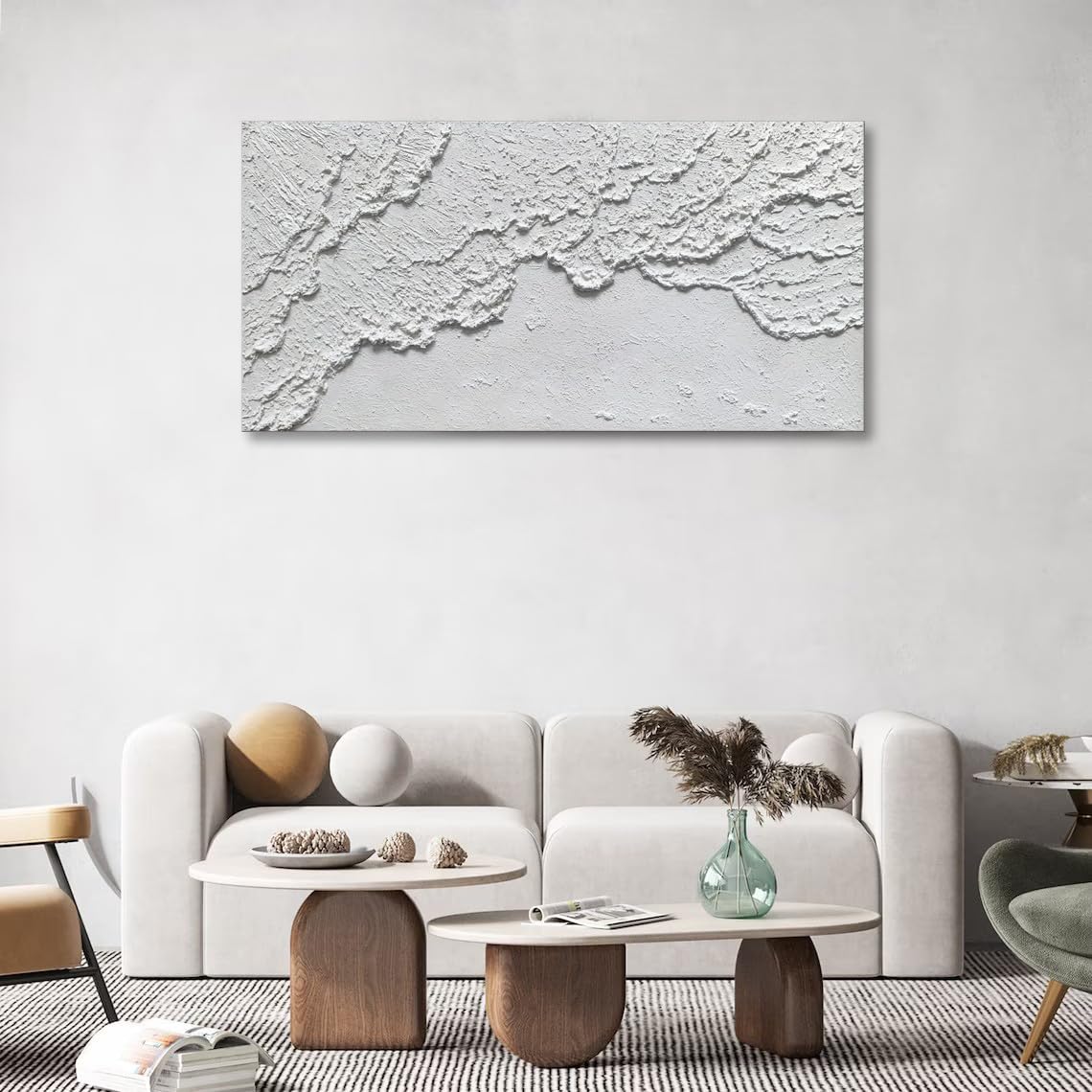 Handmade White Textured Wall Art - Contemporary Modern Ocean Wave Abstract Oil Painting on Canvas - Perfect for Living Room & Bedroom Decor - Coastal Beach Theme Home Interior Design
