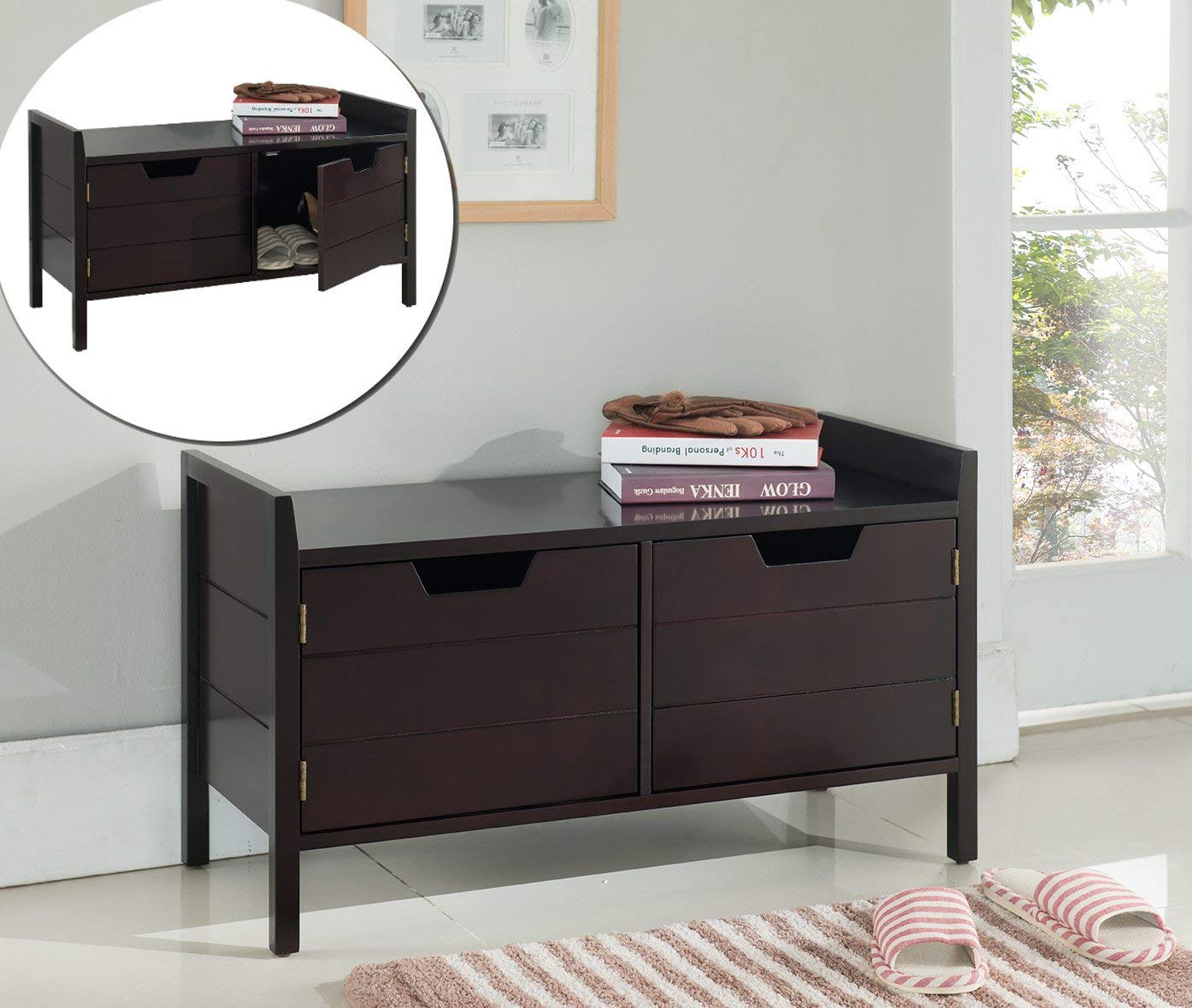 Kings Brand Espresso Wood Storage Bench with Doors - Entryway, Living Room, Bedroom Organizer & Seating Furniture