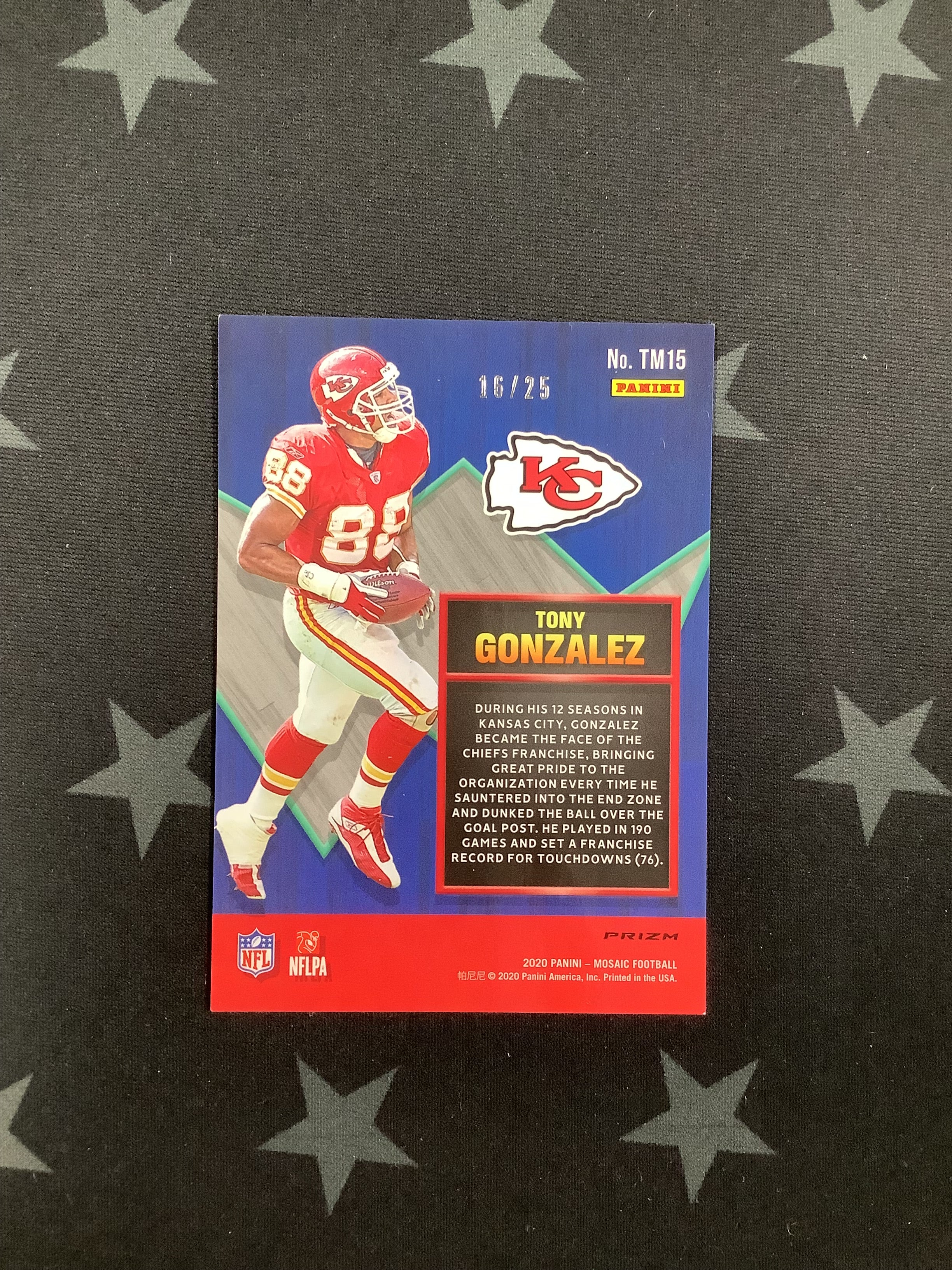 2020 Panini Mosaic Football Touch Down Masters Tony Gonzalez #TM15 /25 - Rare Collectible Trading Card for NFL Fans & Sports Memorabilia Collectors - Perfect for Display, Gifts, and Investment