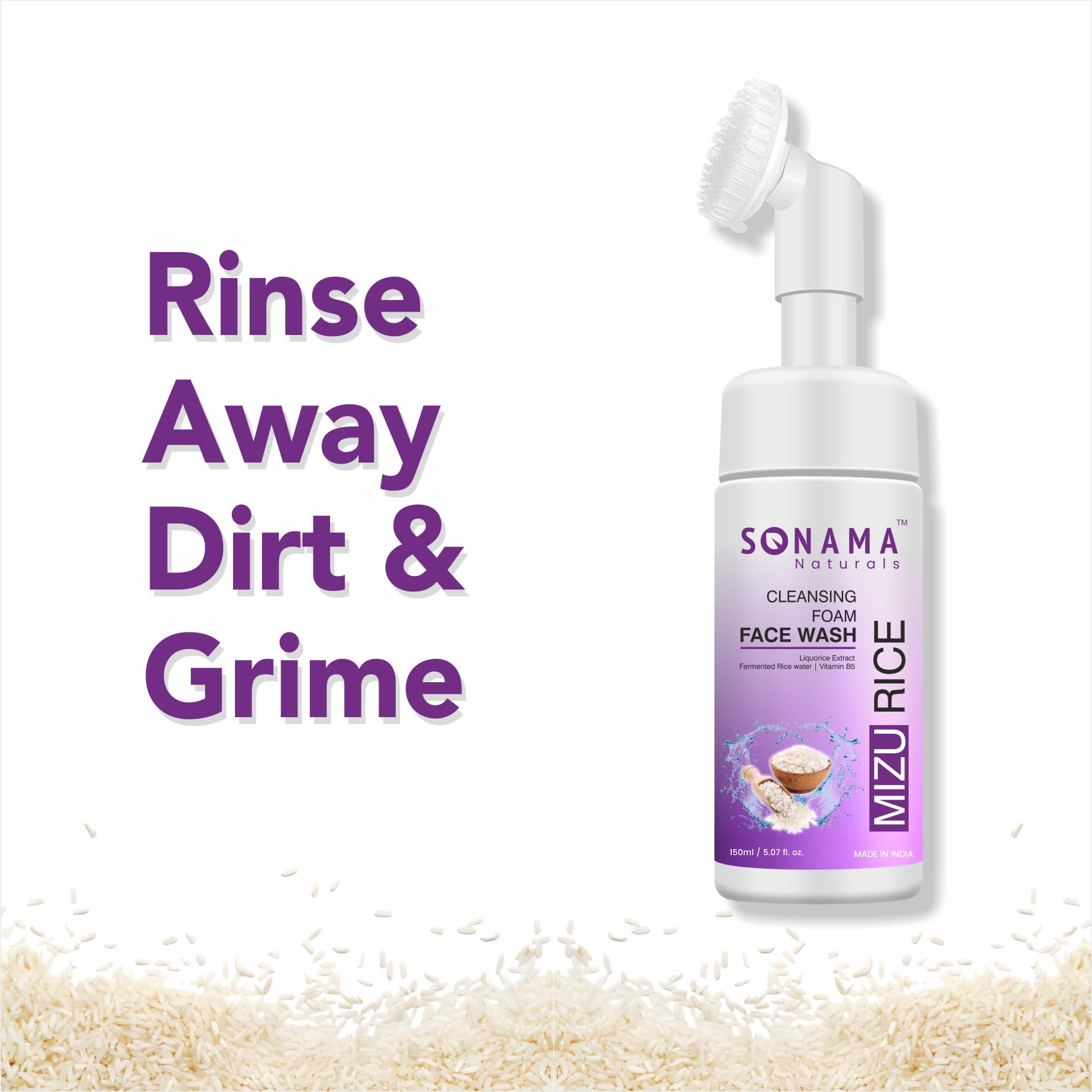 Sonama Naturals Mizu Rice Foaming Face Wash - 150ml | Rice Water Cleanser for Oily, Dry & Acne-Prone Skin | Brightening & Whitening Facial Wash for Men & Women | Daily Skincare Routine for Clean, Glowing Skin