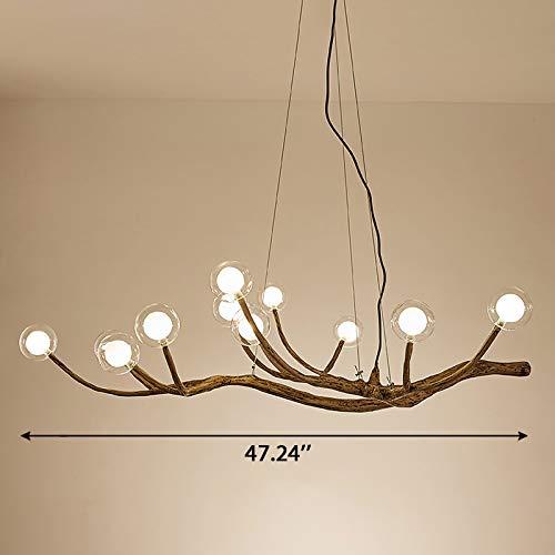 Modern Adjustable Wood Branch LED Chandelier - 36W 12-Light Glass Globe Pendant Light Fixture with White Bulbs Included - Perfect for Living Room, Dining Room, Restaurant & Bar Decor