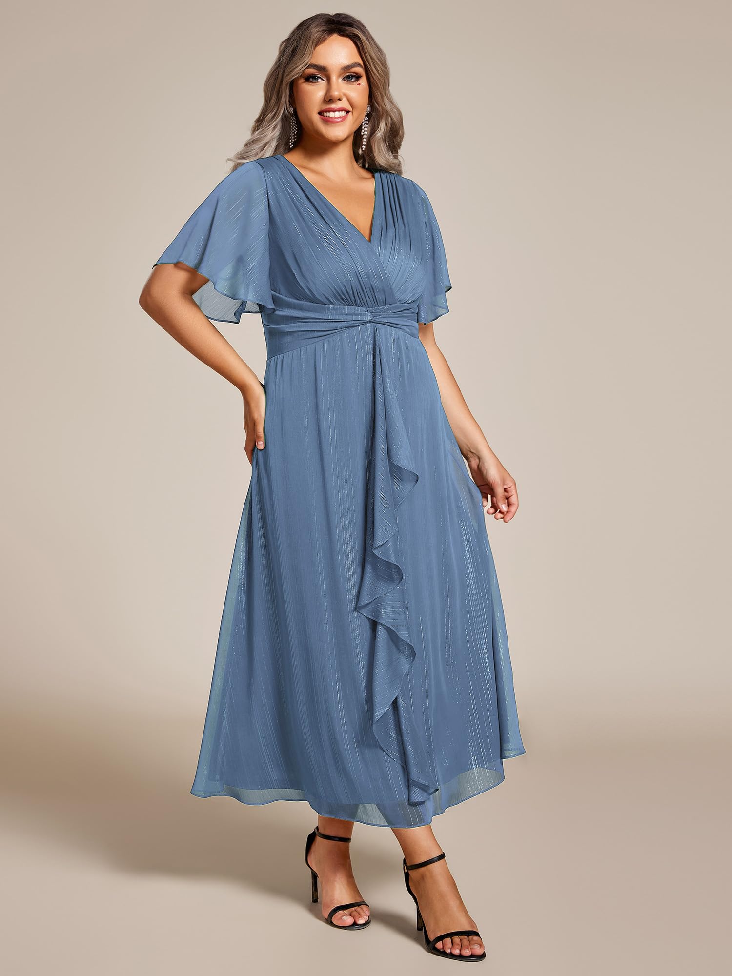 Ever-Pretty Plus Size Women's V-Neck Pleated A-Line Midi Dress with Short Sleeves - Semi-Formal Party Dress for Weddings, Office Wear & Special Occasions (Style 02131-DA)