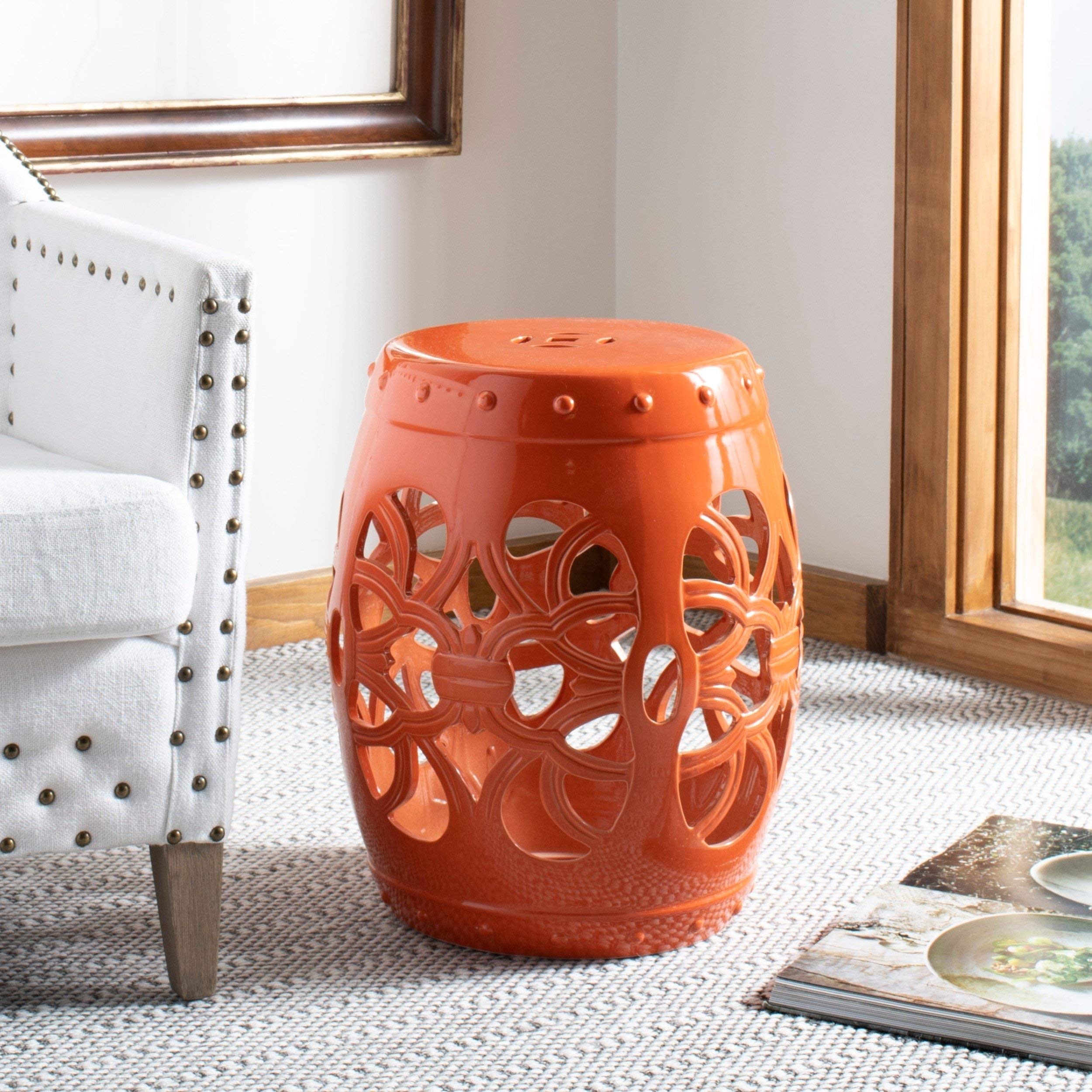 Orange Boho Plant Stand - Ceramic Patio Stool with Geometric Design, Coastal Outdoor Table for Moroccan Backyard, Deck & Lawn Decor | Perfect for Bohemian Gardens, Balconies & Poolside Areas