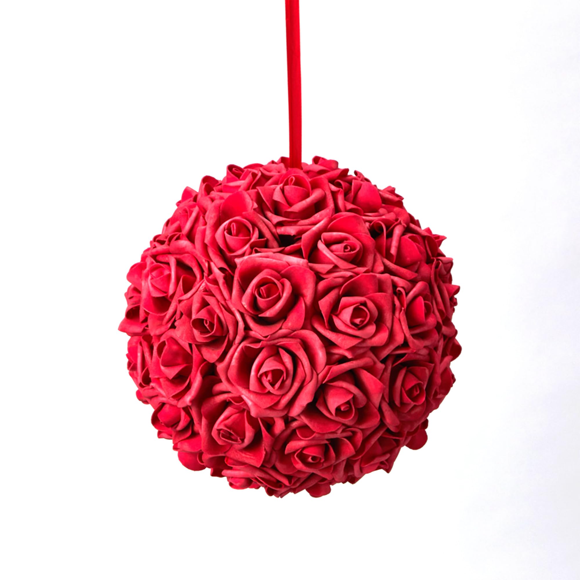 10 Inch Round Foam Pomander Rose Kissing Ball with Satin Ribbon - Elegant Wedding Decor for Hanging Centerpieces, Aisle Decorations & Bridal Showers (Red)