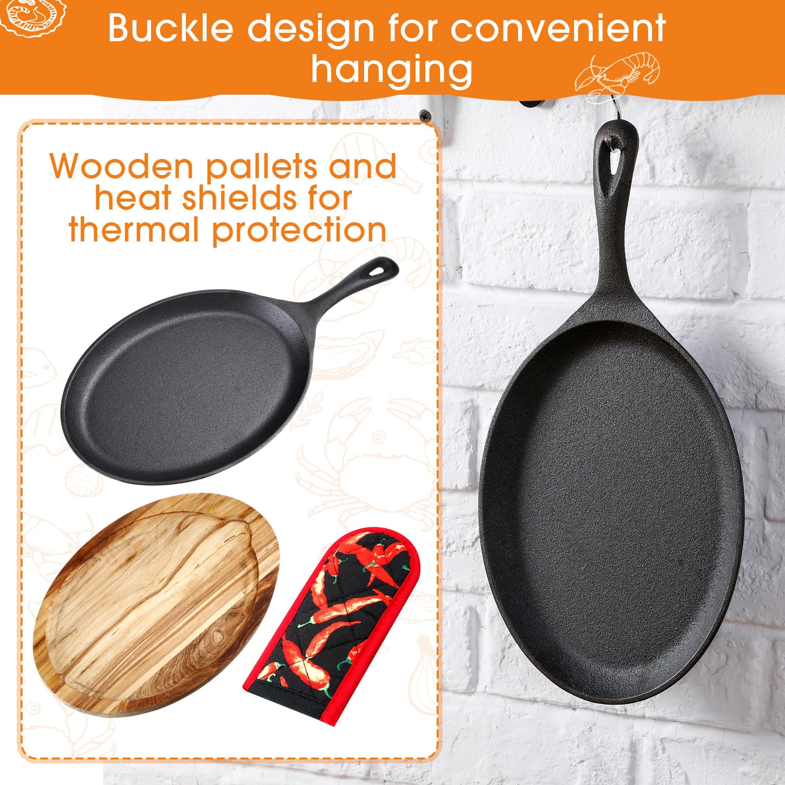 Lallisa 8-Piece Cast Iron Fajita Plate Set with Wooden Tray & Heat-Resistant Mitts - Sizzling Skillet for BBQ, Kitchen, Party & Restaurant Catering - Perfect for Mexican Fajitas, Steak, Shrimp & Veggies at Home or Commercial Use