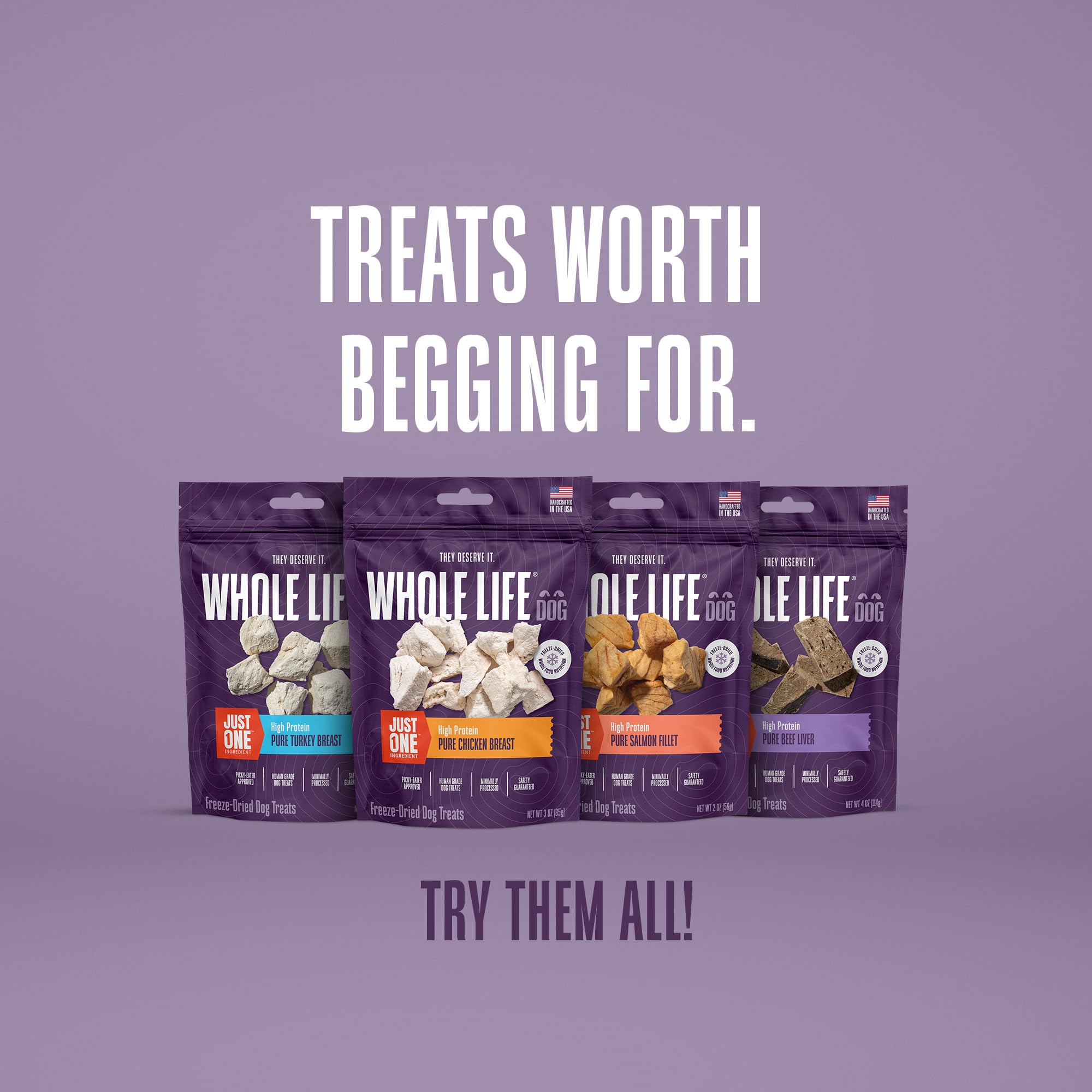 Whole Life Just One Chicken Freeze-Dried Dog Treats - Human-Grade High Protein, Grain-Free, Healthy Training Snacks & Food Toppers - Made in USA Natural Dog Food - 21oz Value Pack (4 Bags) - Perfect for Training, Rewards & Meal Toppers