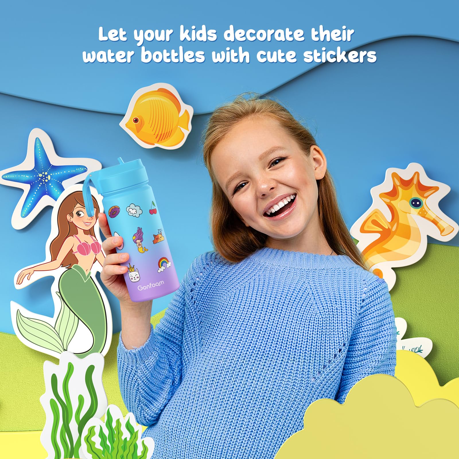 16oz Kids Water Bottle with Stickers - Blue & Purple Design for School, Sports & Outdoor Activities