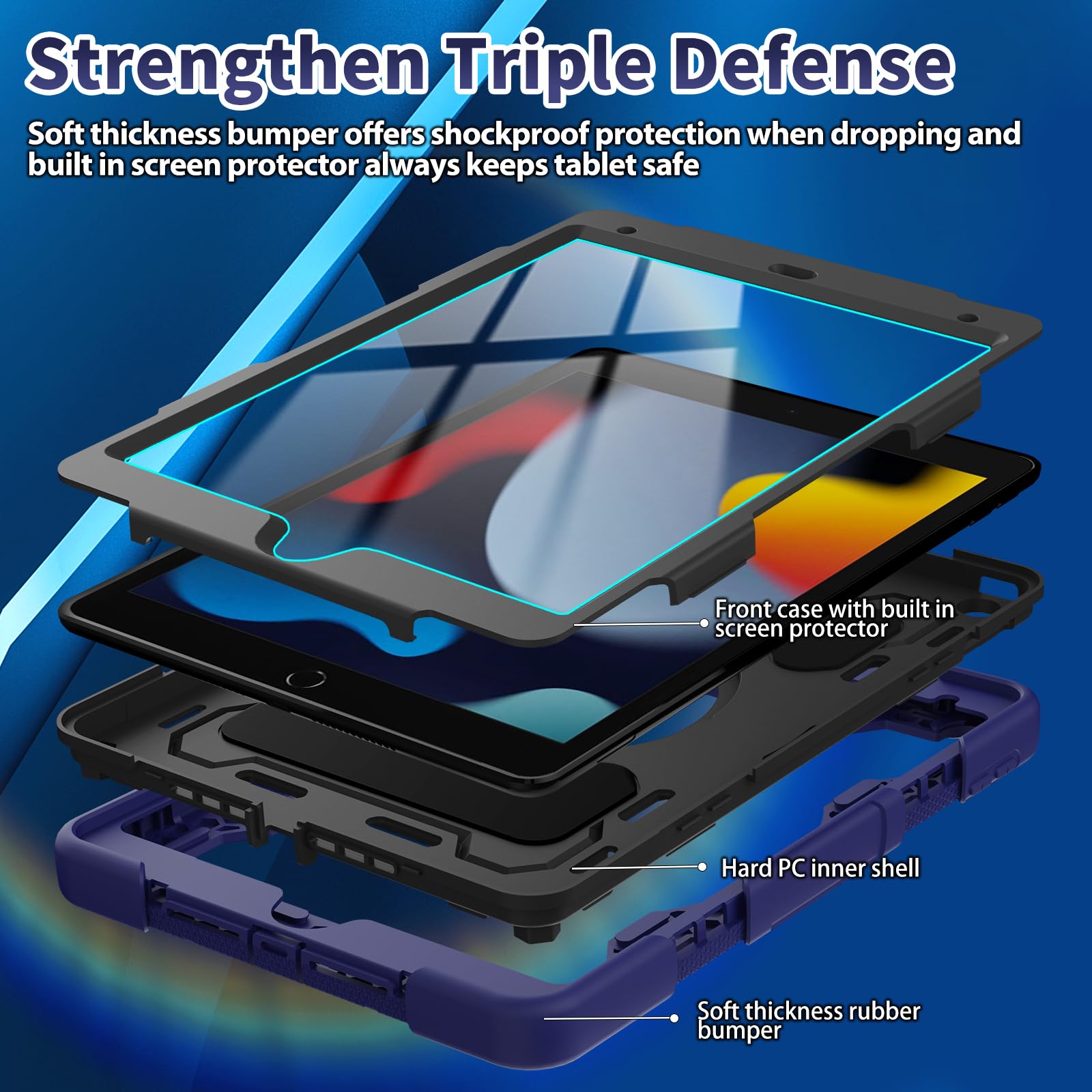 Shockproof iPad 10.2 Inch Case for Kids Boys - Compatible with iPad 9th/8th/7th Generation (2021/2020/2019) | Includes Screen Protector, Rotating Stand, Hand Strap, Shoulder Strap & Pencil Holder | Perfect for School, Travel & Outdoor Activities