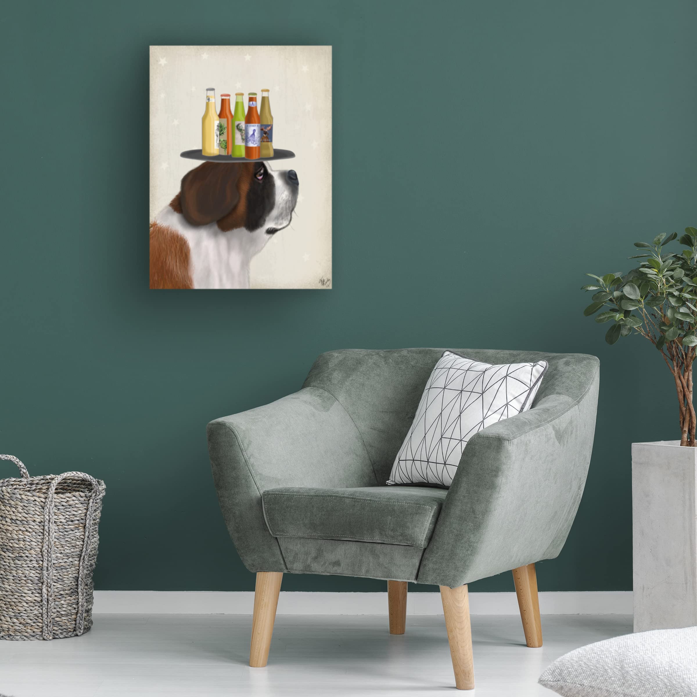 Fab Funky 'St Bernard Beer Lover' Canvas Wall Art Print - Dog Lover Gift, Home Bar Decor, Living Room & Man Cave Wall Decor - Perfect for Beer Enthusiasts & Pet Lovers