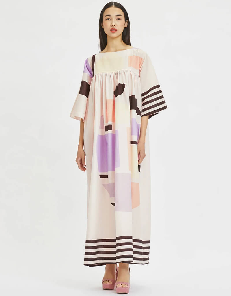 Beige Poly Rayon Cotton Kaftan Dress for Women - Lightweight Summer Cover Up, Beach Tunic, Boho Maxi Dress for Vacation, Poolside Lounging & Resort Wear