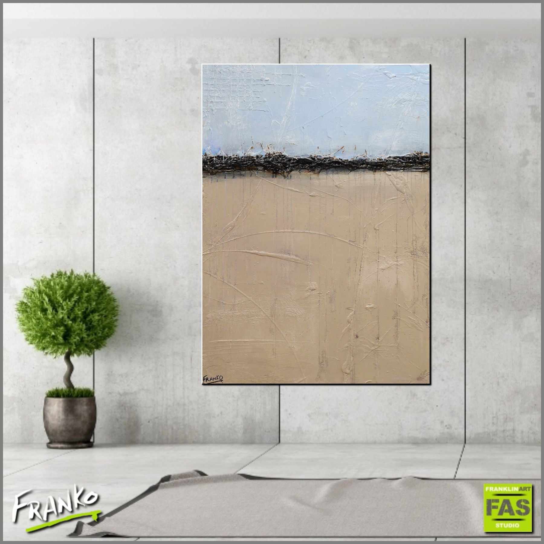 140cm x 100cm Large Abstract Blue Landscape Painting - Modern Cream Wall Art for Living Room, Bedroom & Office Decor