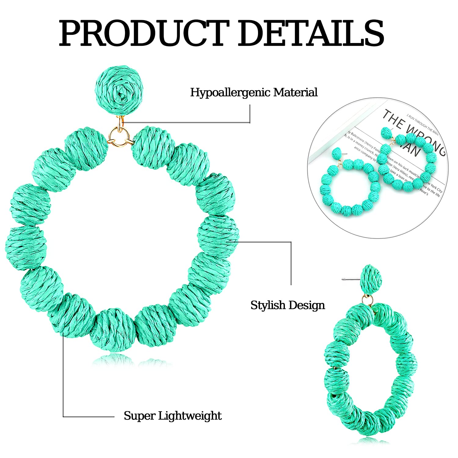 Handmade Boho Rattan Raffia Earrings for Women - Straw Woven Hoop Dangle Statement Jewelry - Perfect for Summer, Beach, Vacation & Boho Fashion Outfits